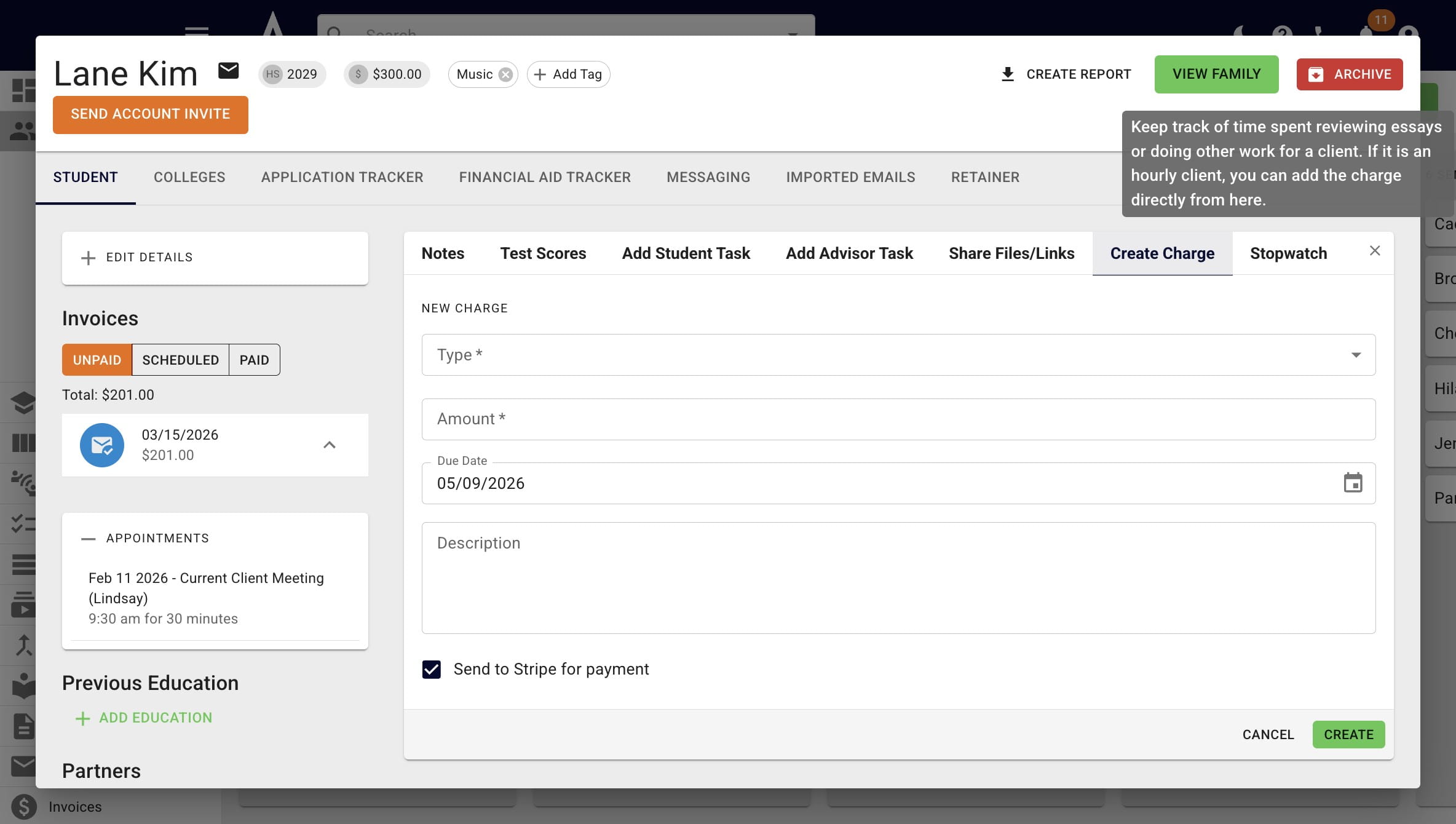 Another way you can add hourly charges is through the **Stopwatch** on the student's profile. 