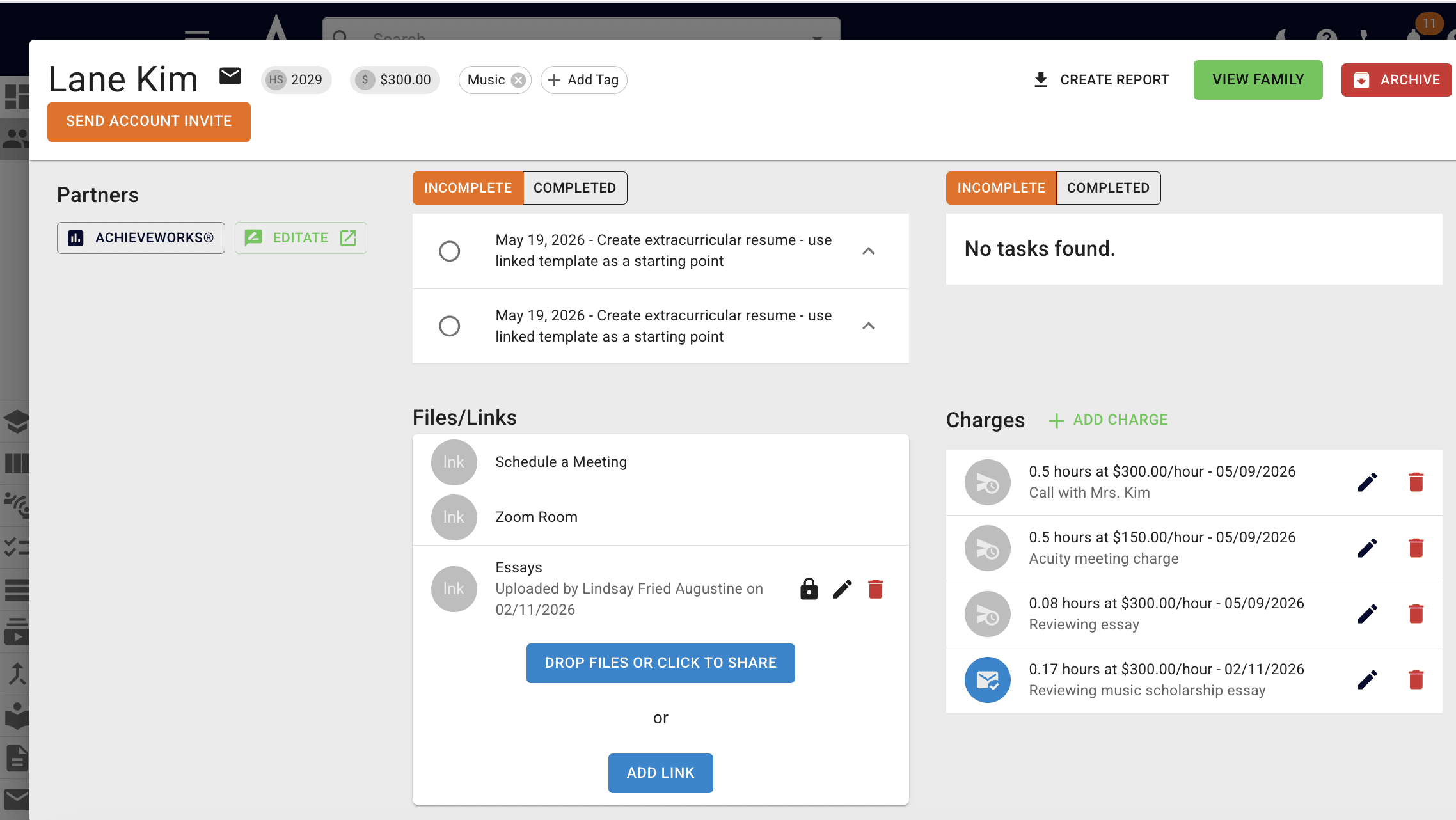 This is also where you'll see any automatic charges based on Acuity/Calendly meetings. They're calculated based on the meeting length & the hourly rate. In Lane's case, it was a $150 charge since we met for 30 minutes & my hourly rate is $300. 