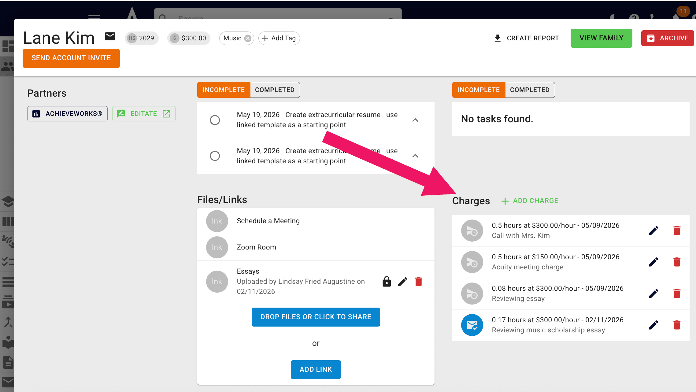 You can keep view, edit, and delete all pending hourly charges as they accrue under the **Charges** section of the student's Achieve profile.
