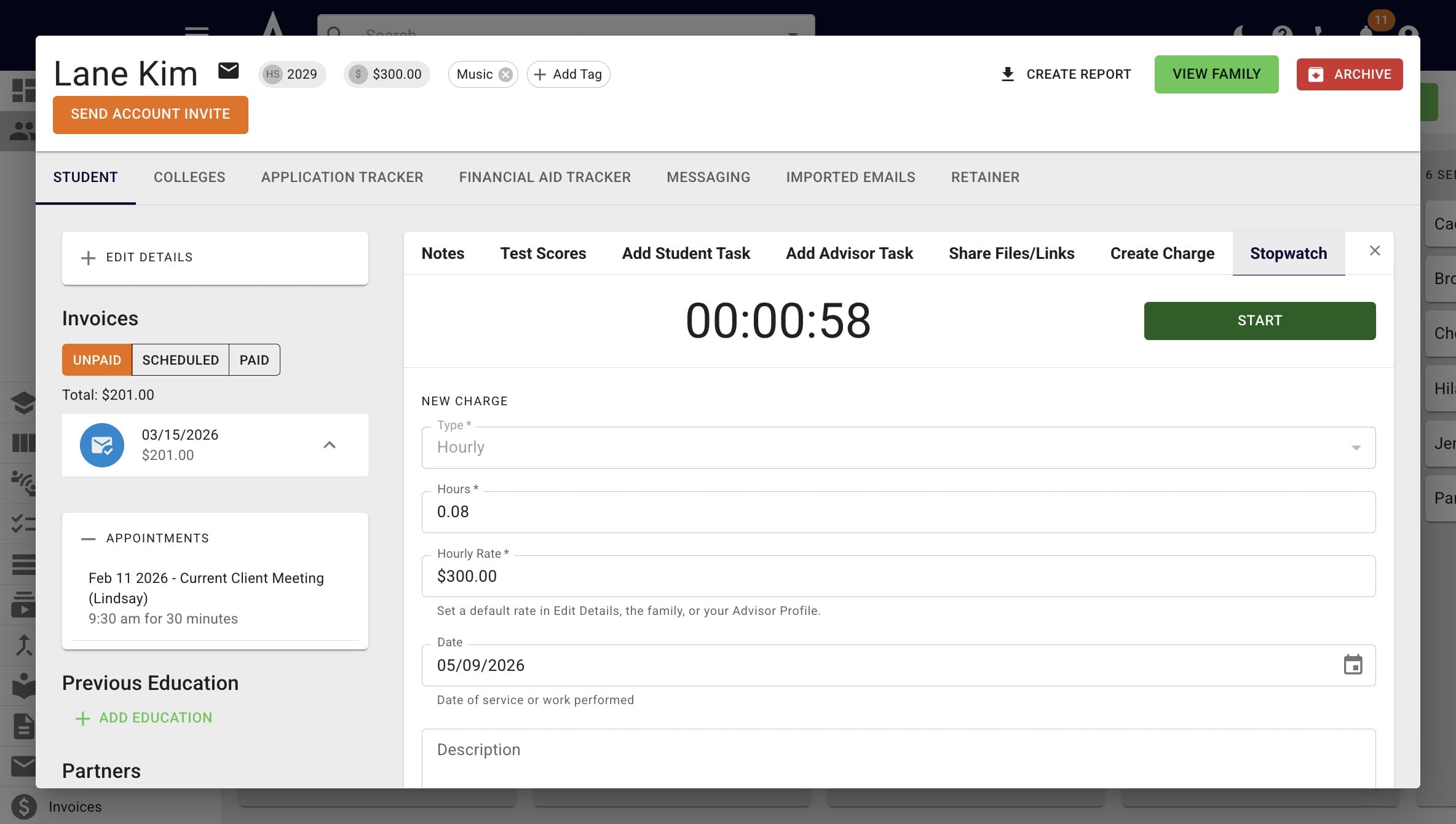 Click on **Start** when you're ready to begin tracking time. 
