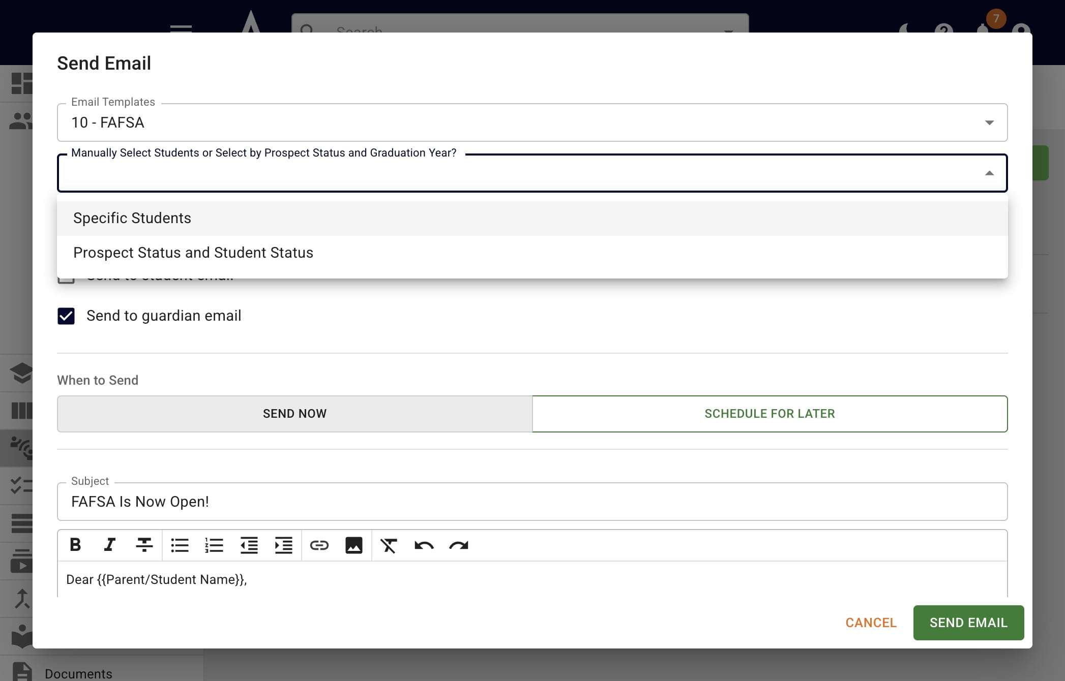 In the next field, click on **Specific Students.**