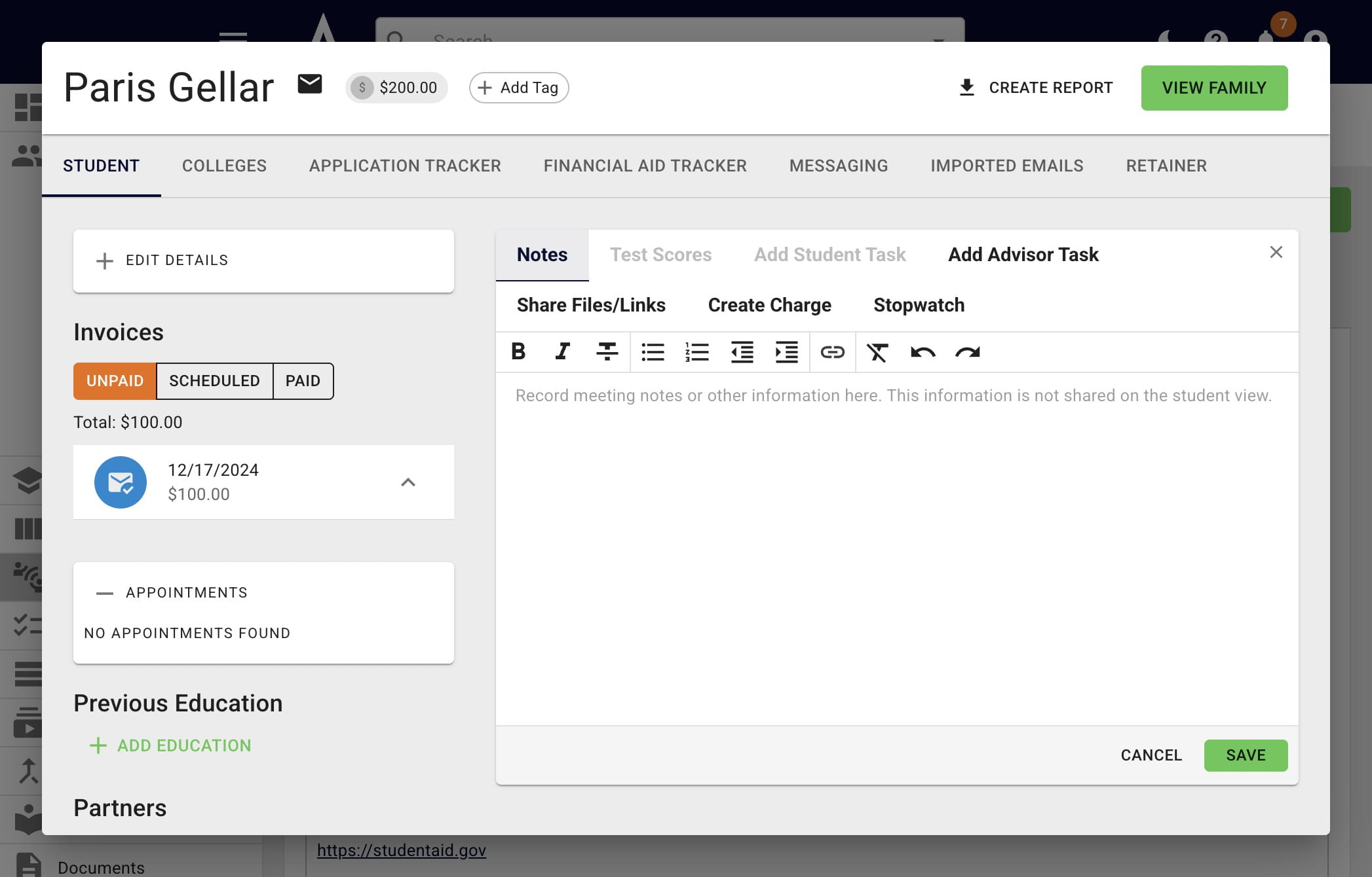 The 2nd way to view sent emails and/or send new emails to a specific family via the student's profile. Press **Messaging** to start.