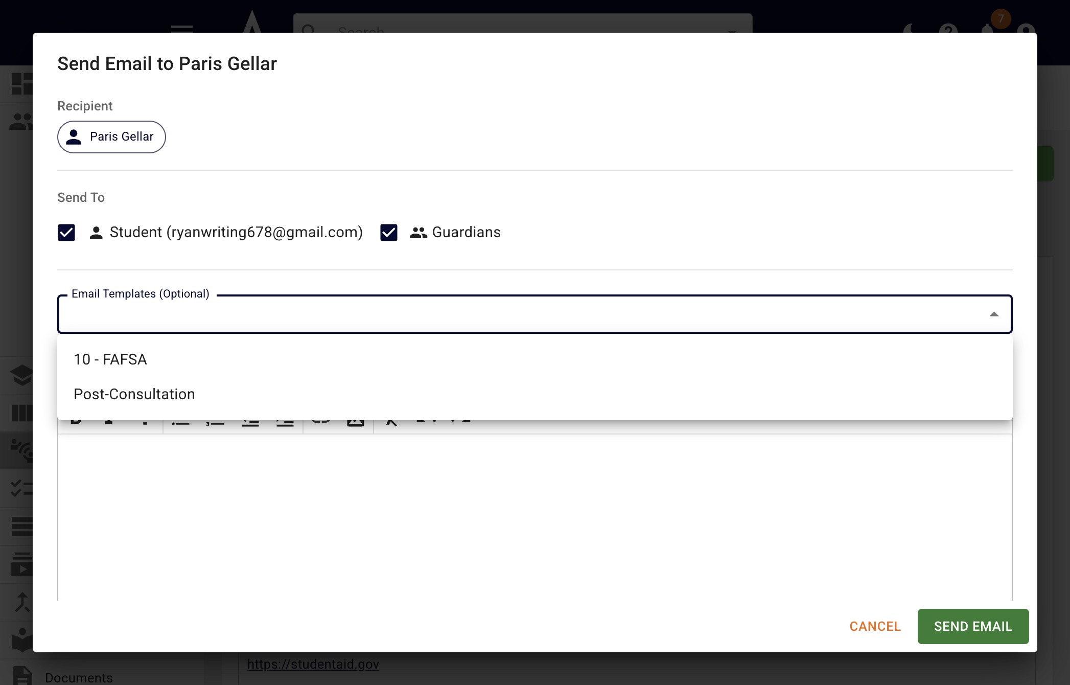 If you'd like to choose an **Email Template**, click on the field and select the applicable template from the drop-down. 
