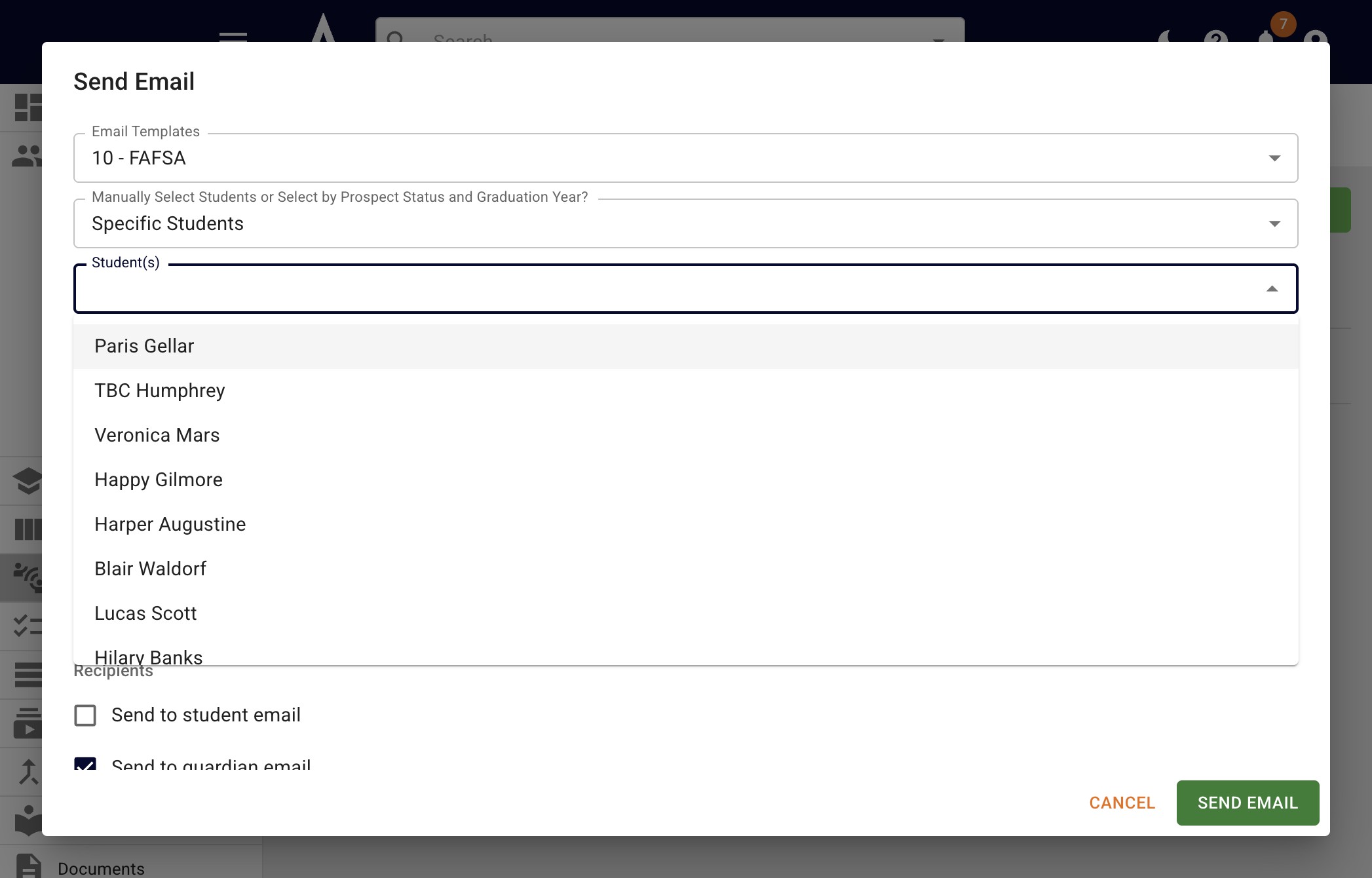 Click into the **Student(s)** field. When the drop down appears choose the applicable student. 