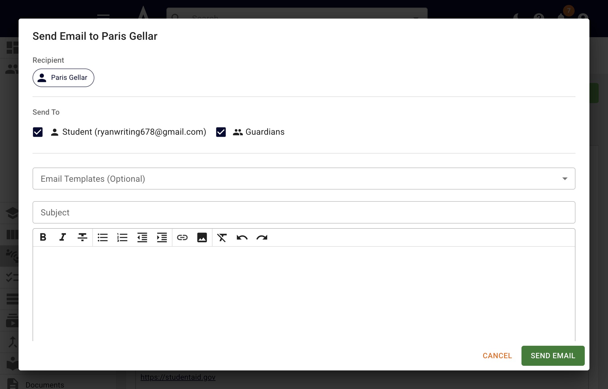 You'll see that the family's information is automatically added. Uncheck the boxes as needed to make sure the email goes to the correct recipients. 
