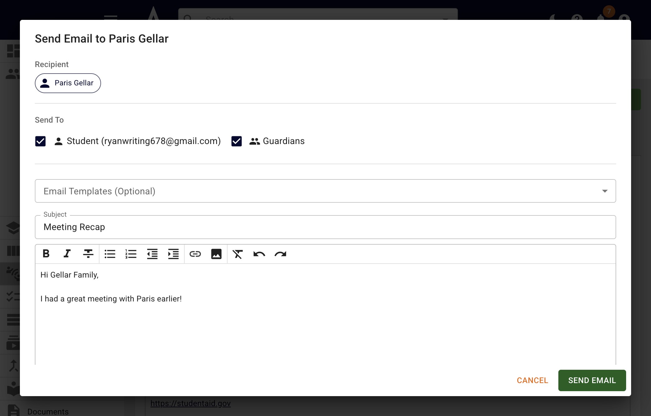You can also write a one-off email. Click on **Send Email** when your email is ready. 