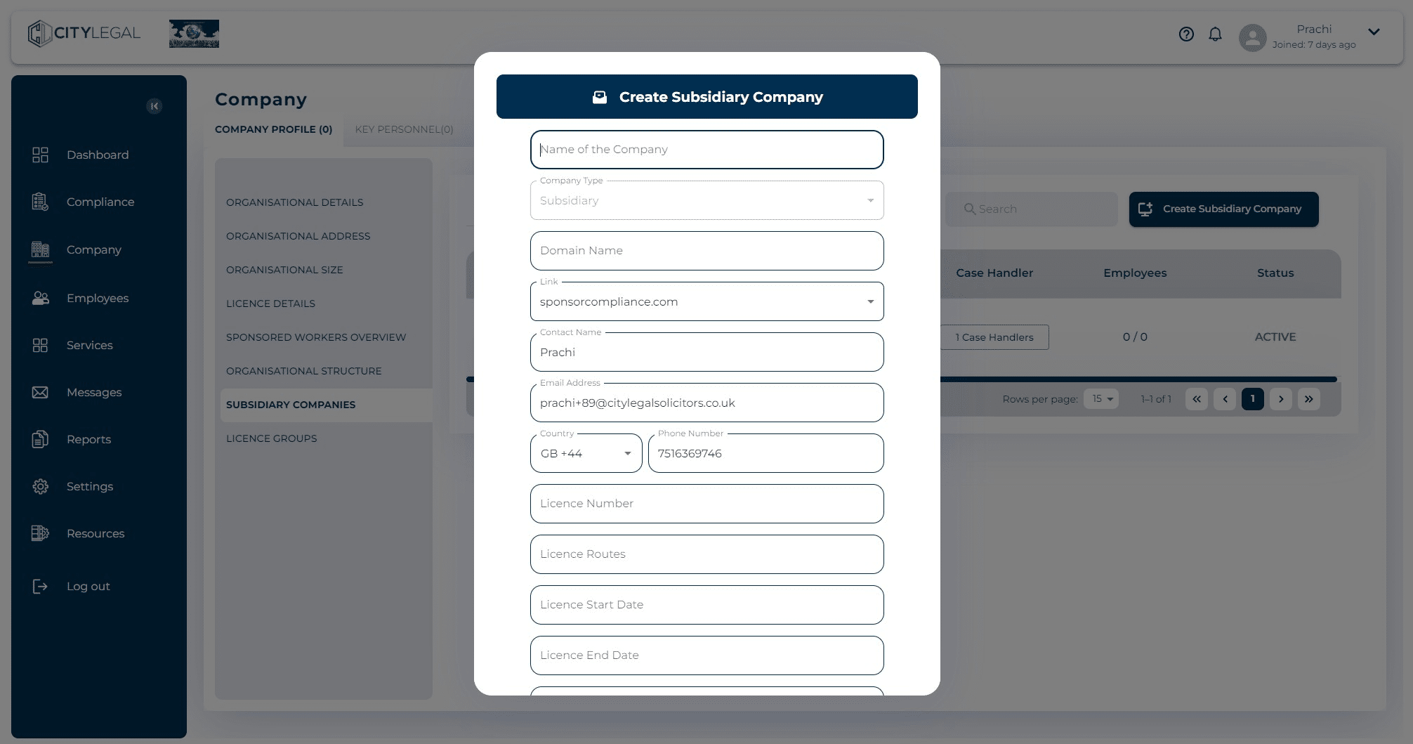 Here you will be allowed to add all the necessary details about the subsidiary company. This section already picks up the Contact Person details from the master company. You can change it if you have a different contact person for the subsidiary.