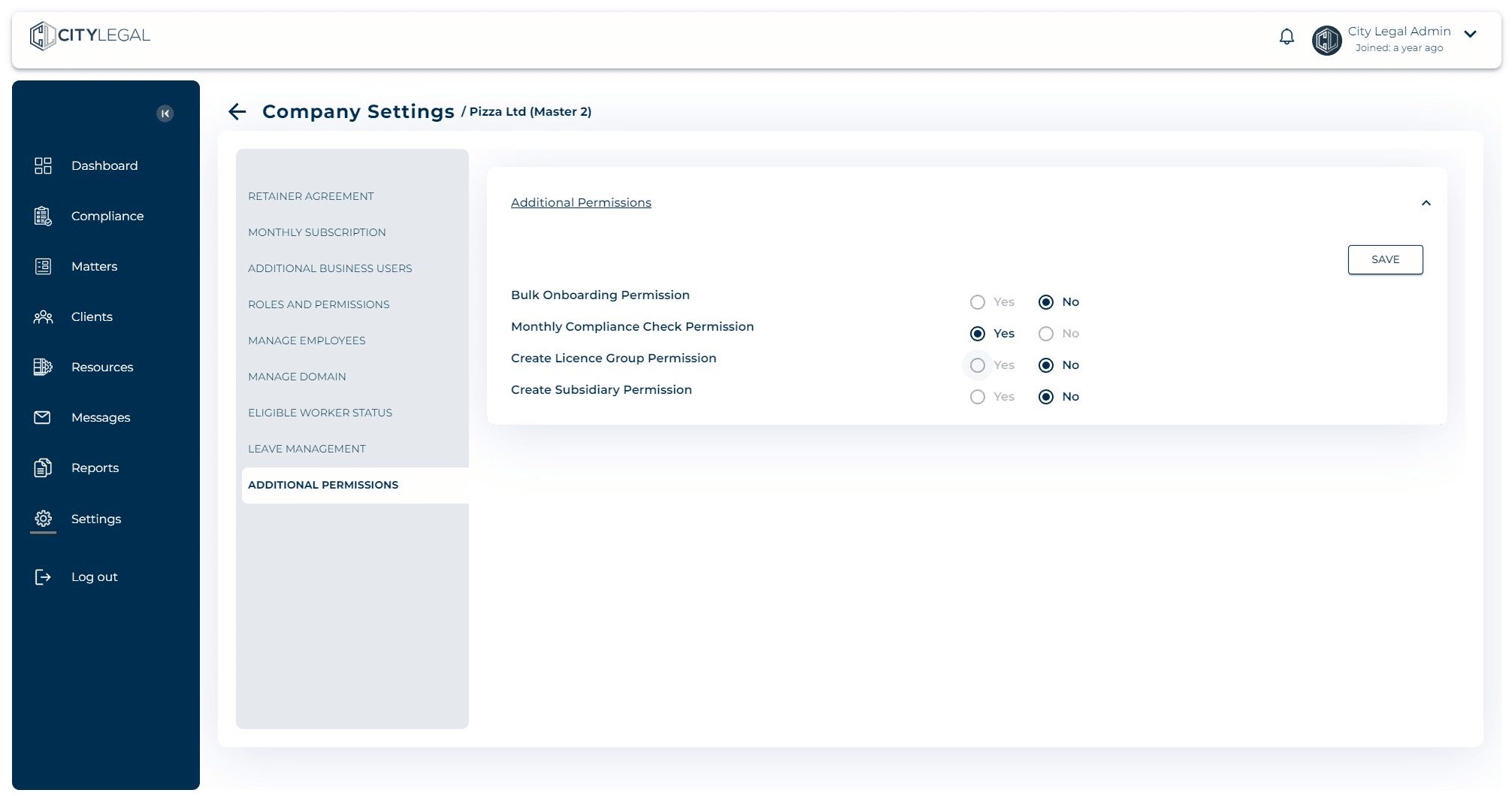 Click on 'Yes' for each permission you want to give to the company and 'No' for the restricted permissions.