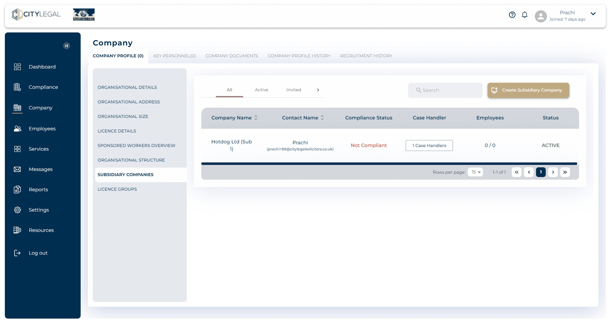 Click on 'Create Subsidiary Company'.