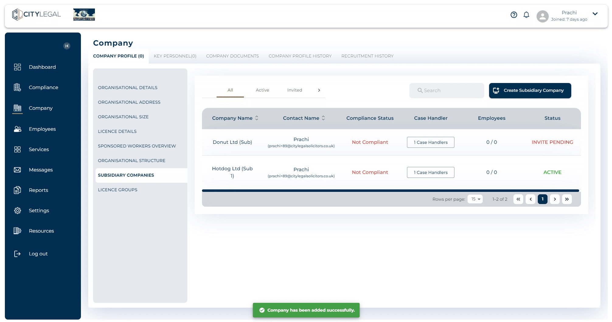 The subsidiary company will be added here. To activate the portal of the subsidiary company, invite the company. Once the contact person logs in the given subsidiary portal domain, they will be activating the subsidiary portal.