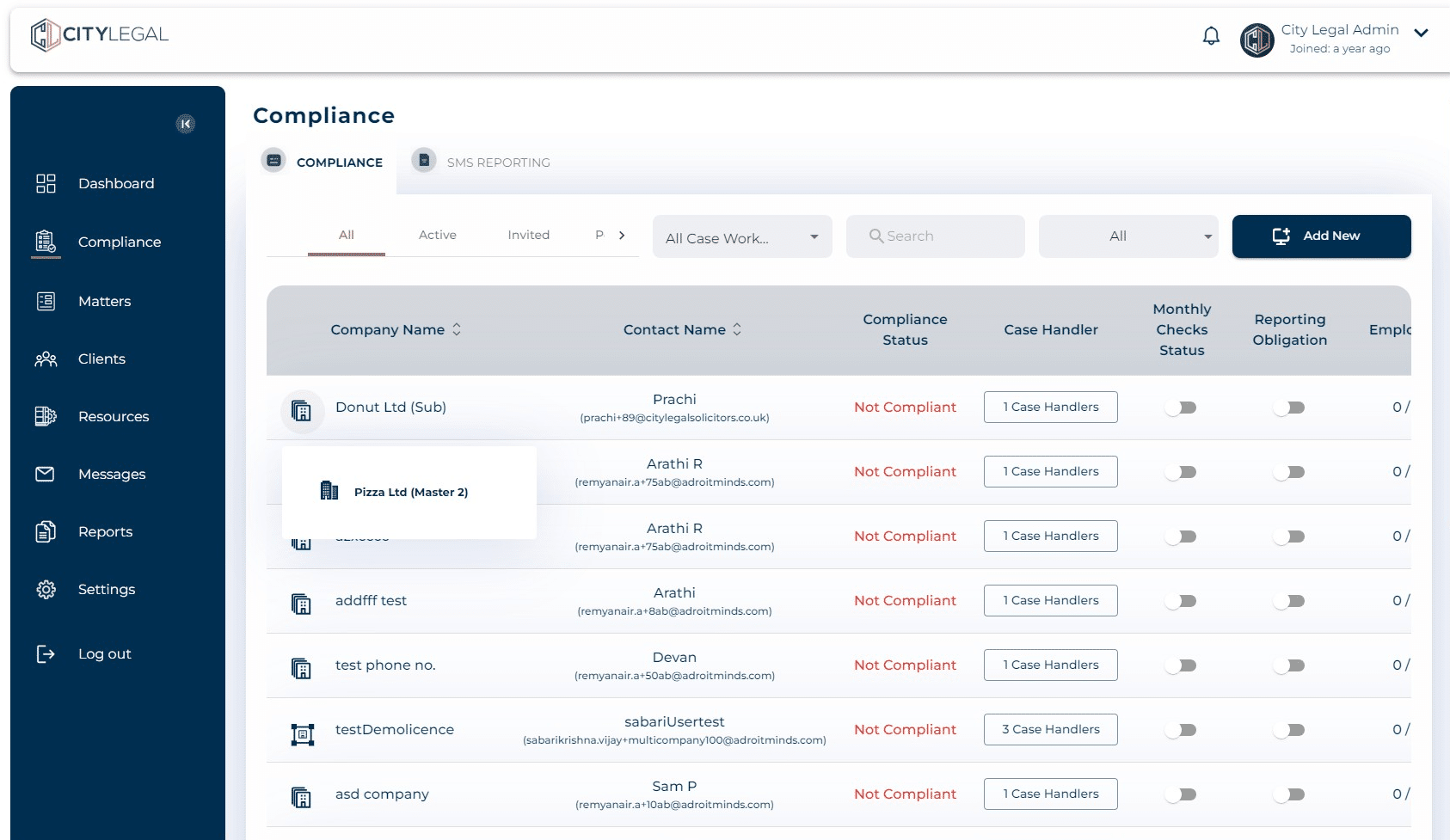 In the 'Compliance' section, if you hover over the icons then you can see the hierarchy starting from the master company. Few examples below.