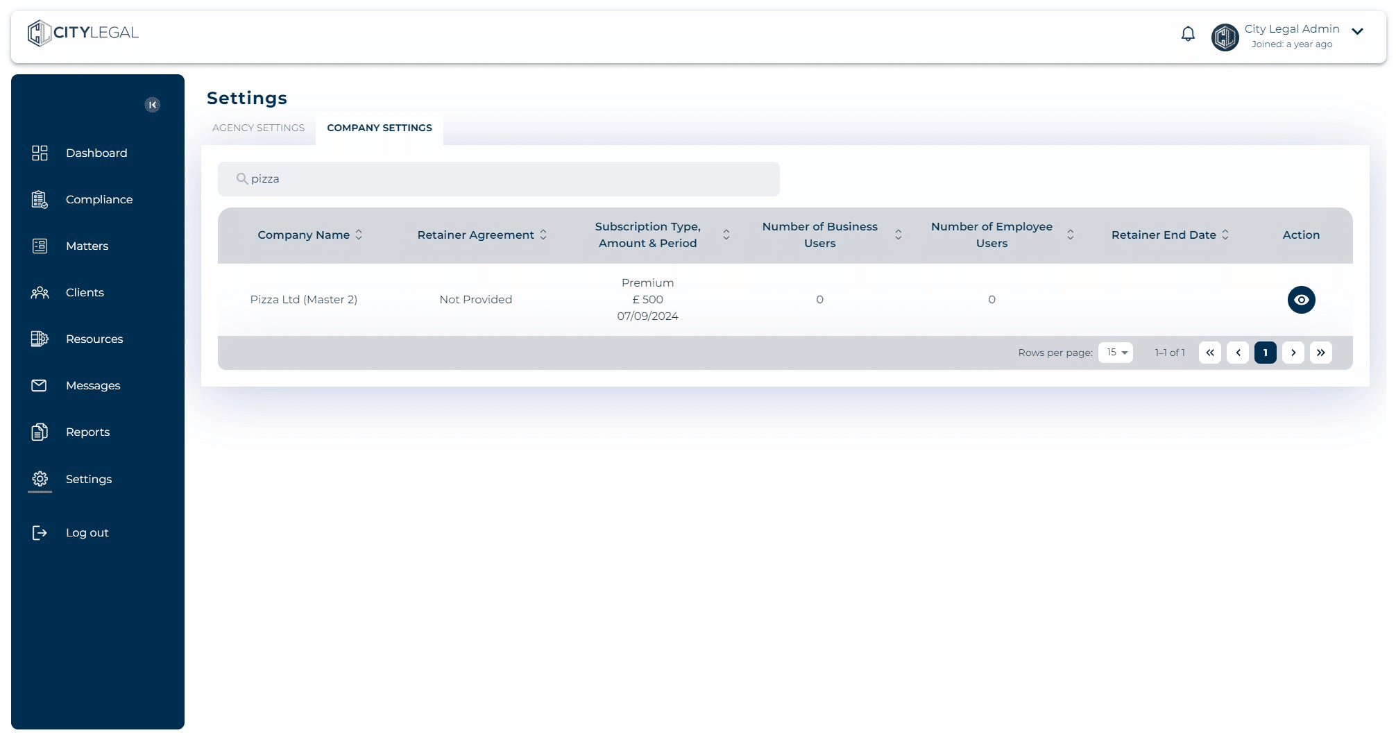 Search the company by name. To edit the settings, click on the eye icon next to the company name as shown below.