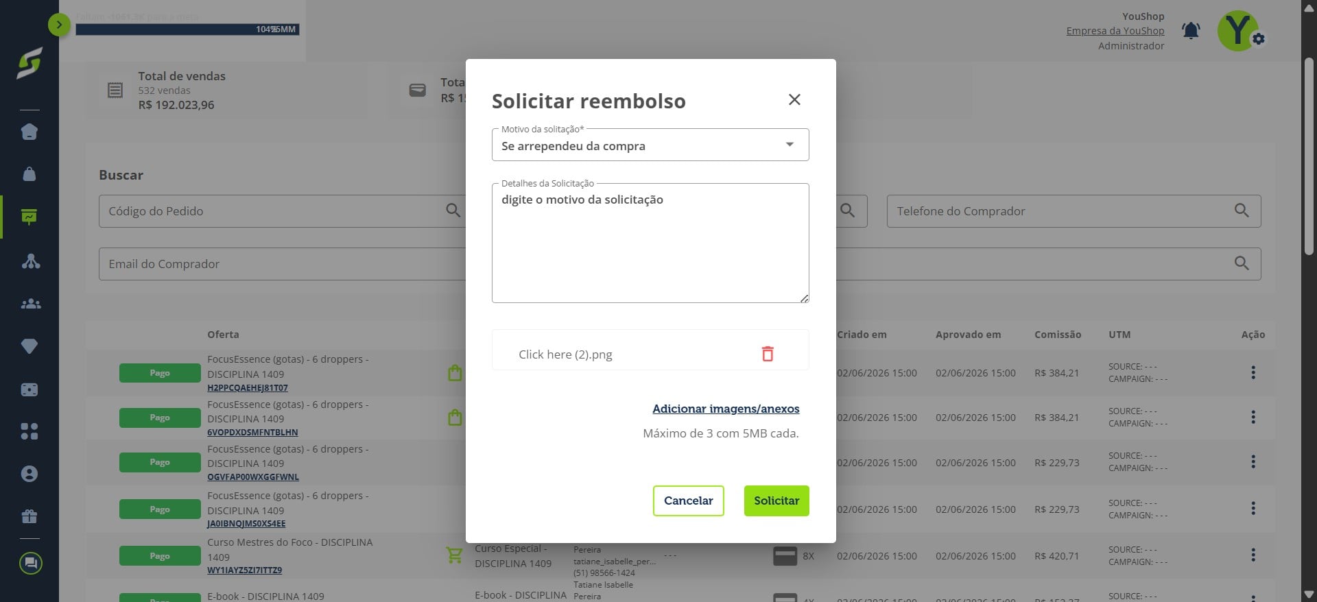 Clique em **"Solicitar"** para enviar o pedido de reembolso.