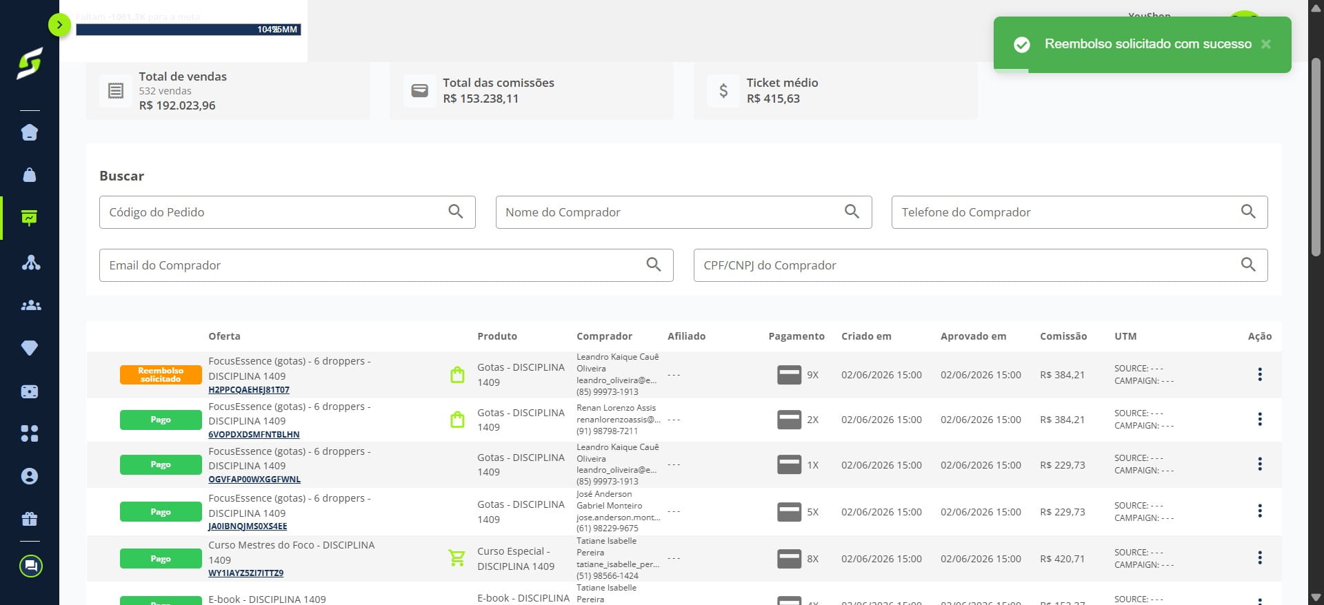 Pronto! Sua solicitação de reembolso foi enviada com sucesso.