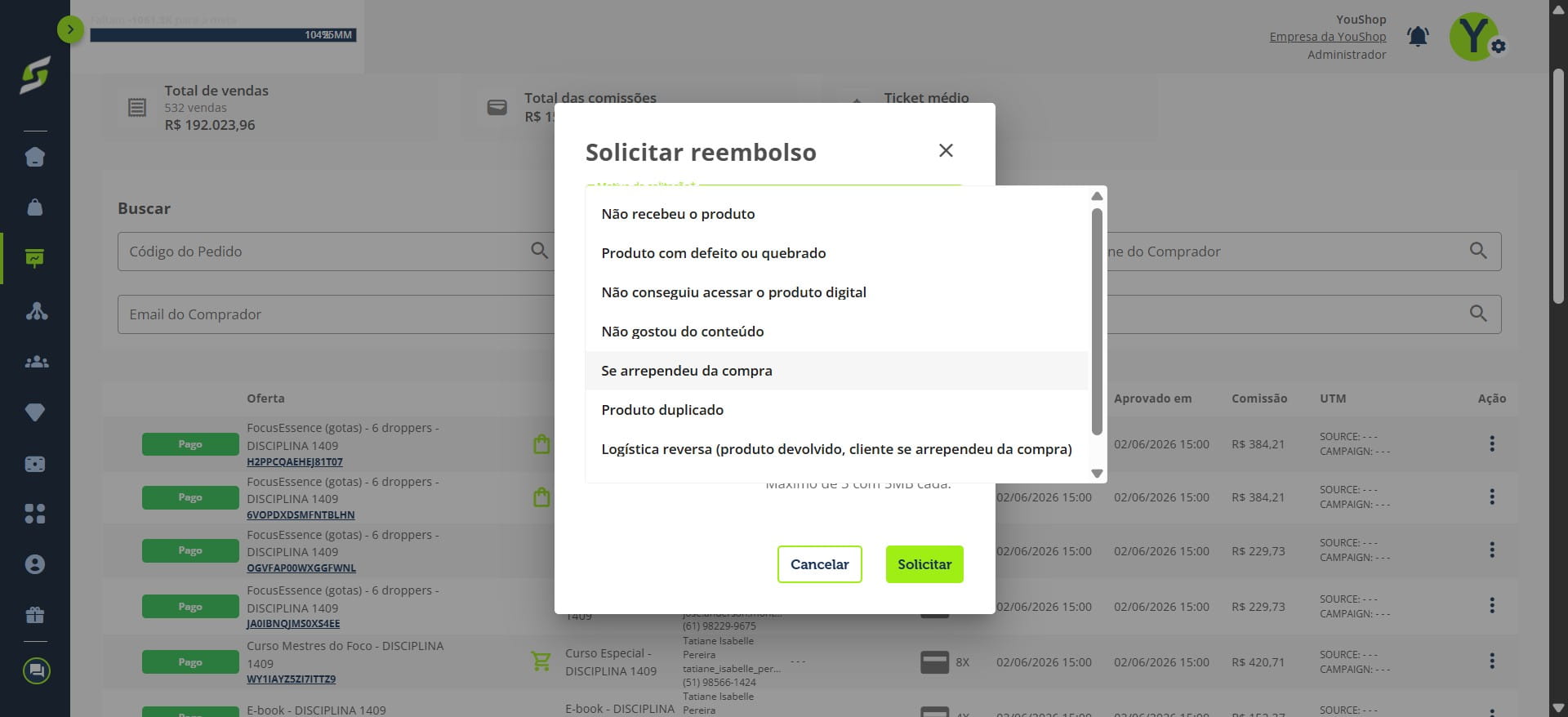 Escolha a categoria do motivo do reembolso.