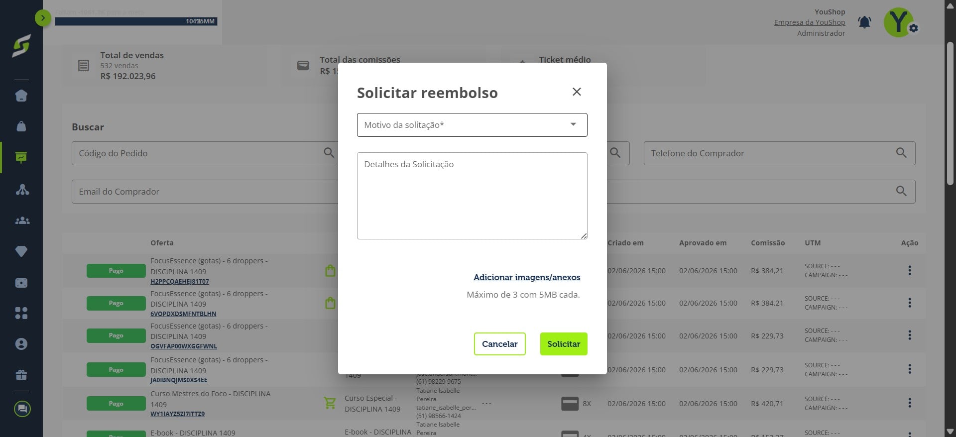 Selecione o **motivo da solicitação**.