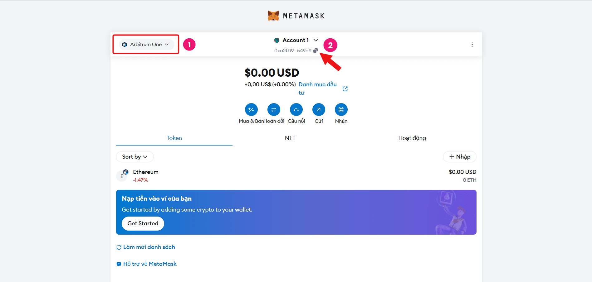 Tại giao diện ví MetaMask → sao chép địa chỉ ví của bạn (2)