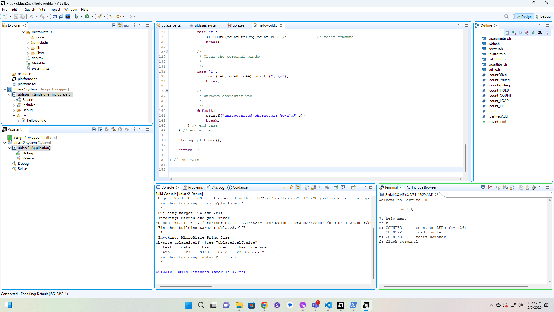 Type a "?" into the Terminal to see the menu.  You now have a hardware counter and LEDs, implemented in an FPGA, that is being controlled by a soft CPU that is also implemented on the FPGA and connected to your PC through a UART.  You can experiment with making the counter count and seeing the result in the terminal and on the LEDs on the Nexys Video board.