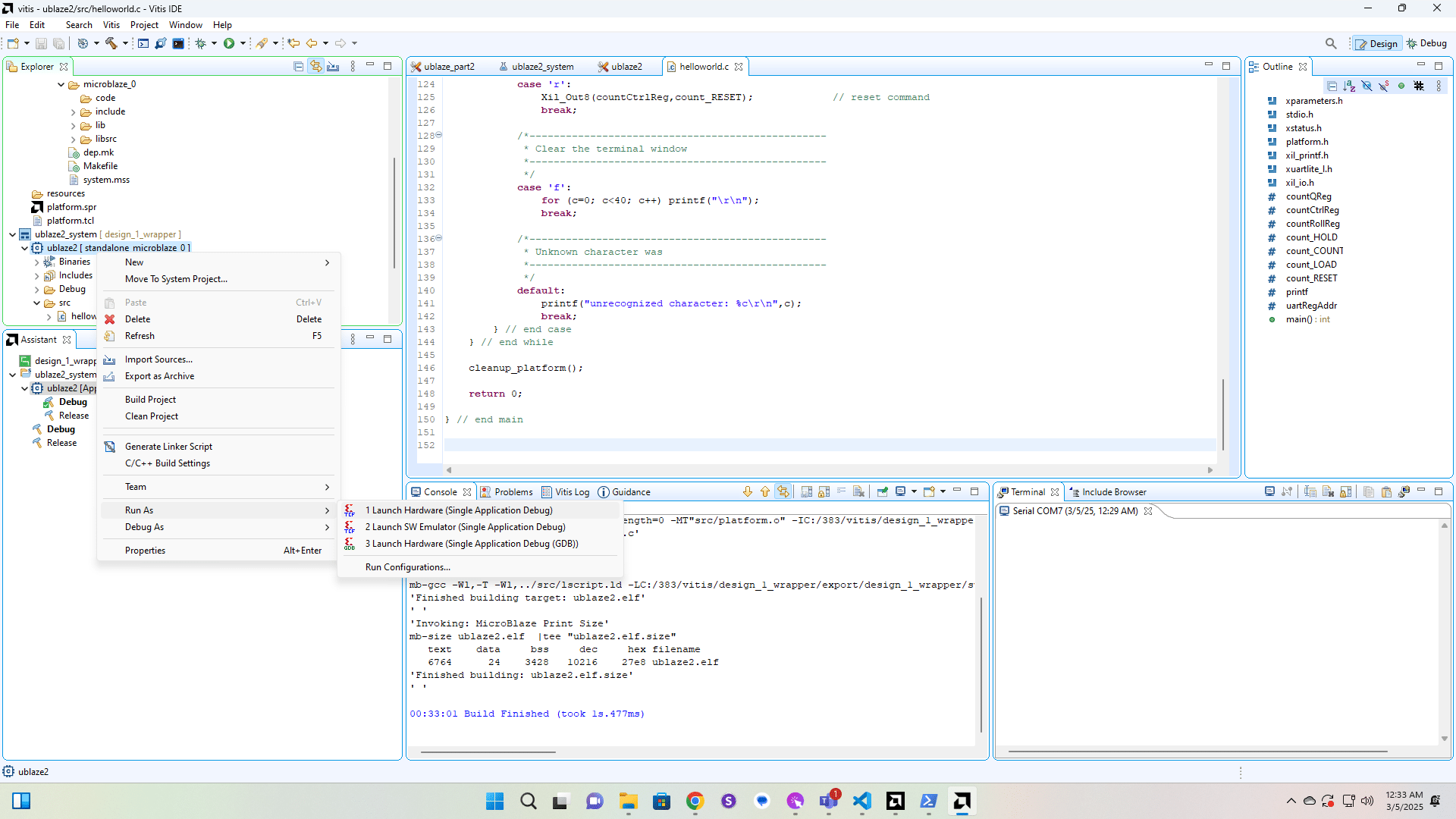 Launch the application and click in the terminal to give it focus.  If you didn't have a terminal open, you can open it from Window->Show View.