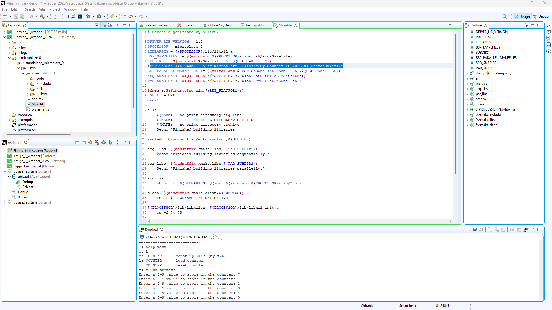 Now go to design_1_wrapper/microblaze_0/standalone_microblaze_0/bsp/Makefile and comment out the line that says "BSP_SEQUENTIAL_MAKEFILES := microblaze_0/libsrc/My_Counter_IP_v1_0/src/Makefile"