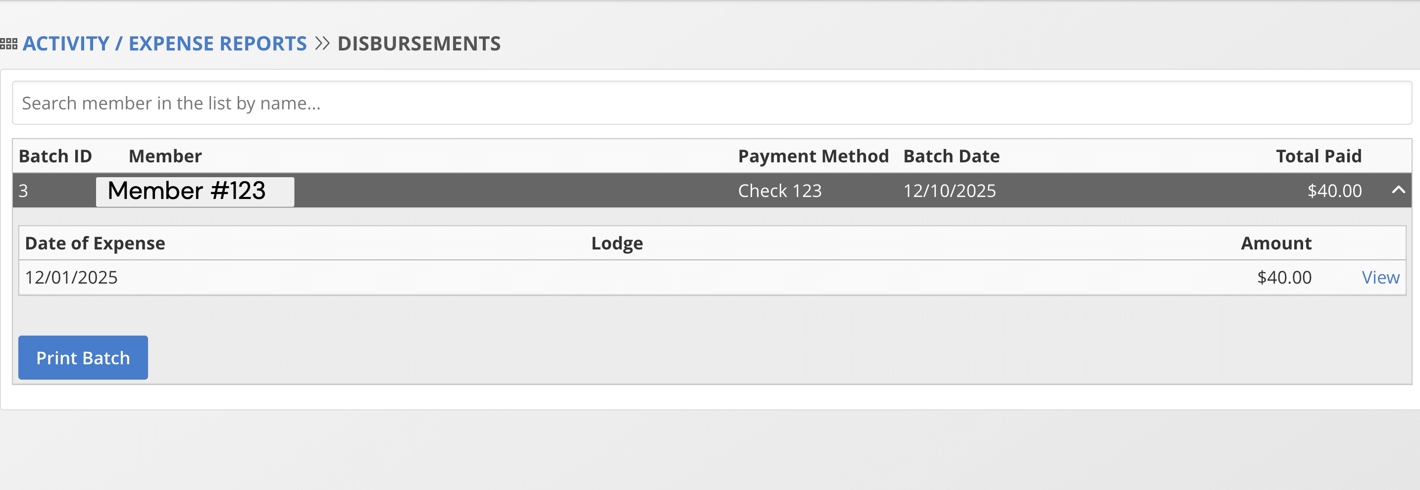 Navigate to Disbursed Activity/Expenses, click on the disbursement batch and click Print Batch to print a summary statement (PDF) of the expenses included in this batch.