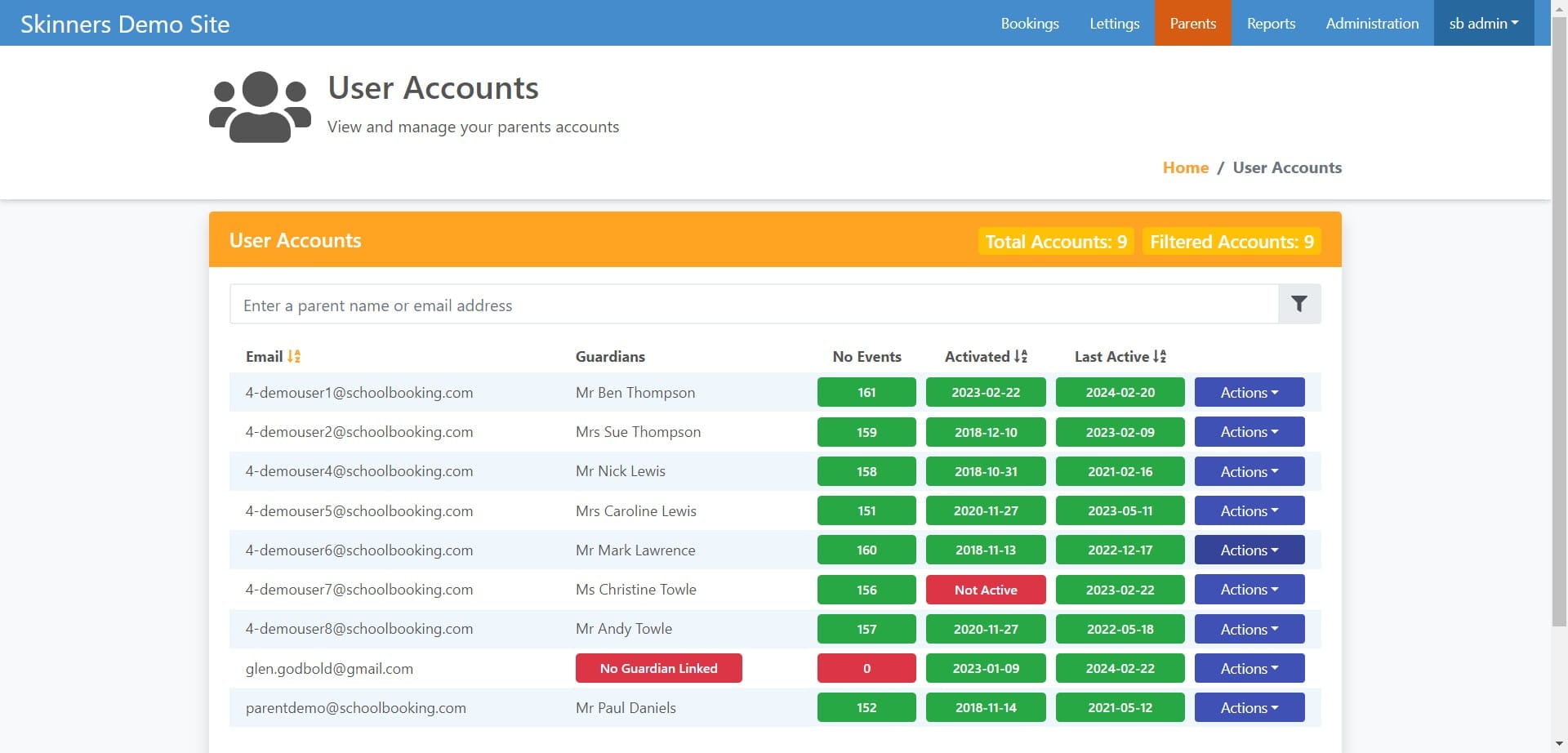 Find the Parent/Guardian user account and click on "Actions"