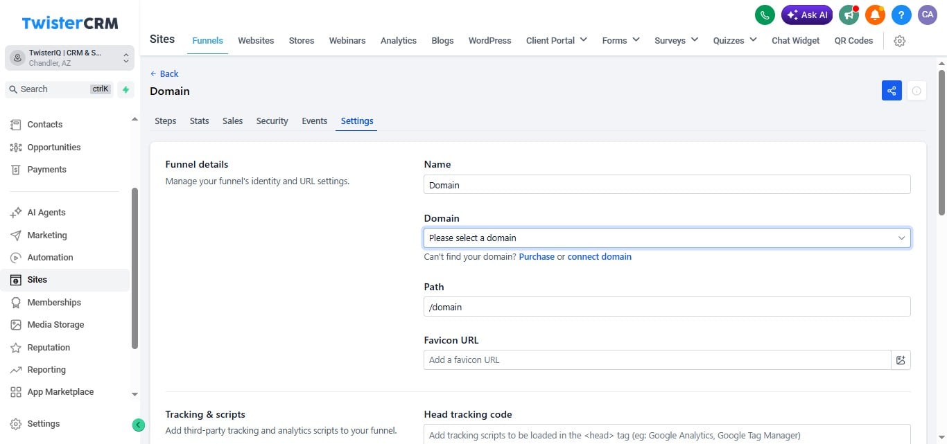 Click on "select a domain" dropdown