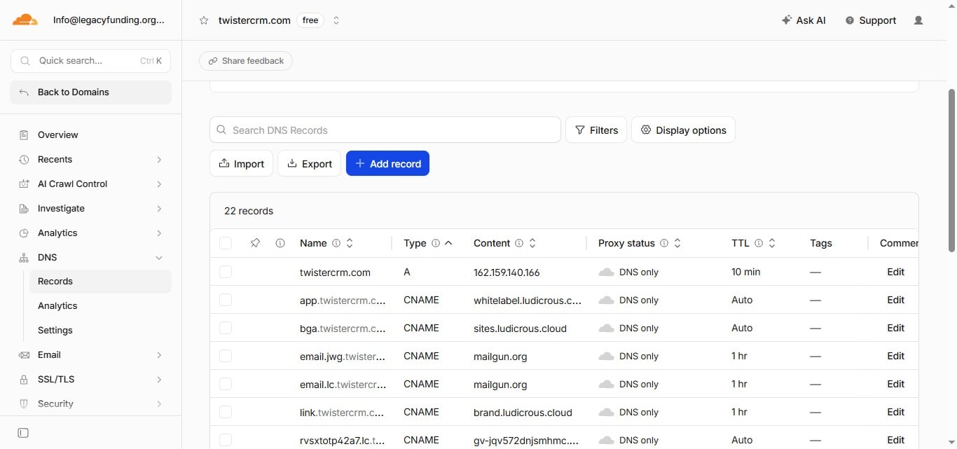 Go to your DNS provider and click "Add records"
