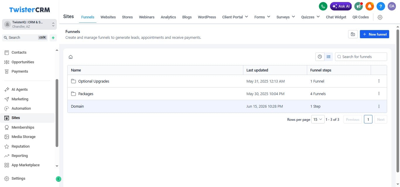 Click on the funnel to which you want to add the domain.