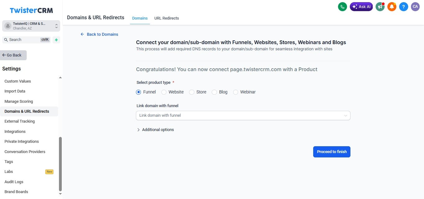 After adding records in DNS provider go back to the builder and click on "Proceed to finish"
