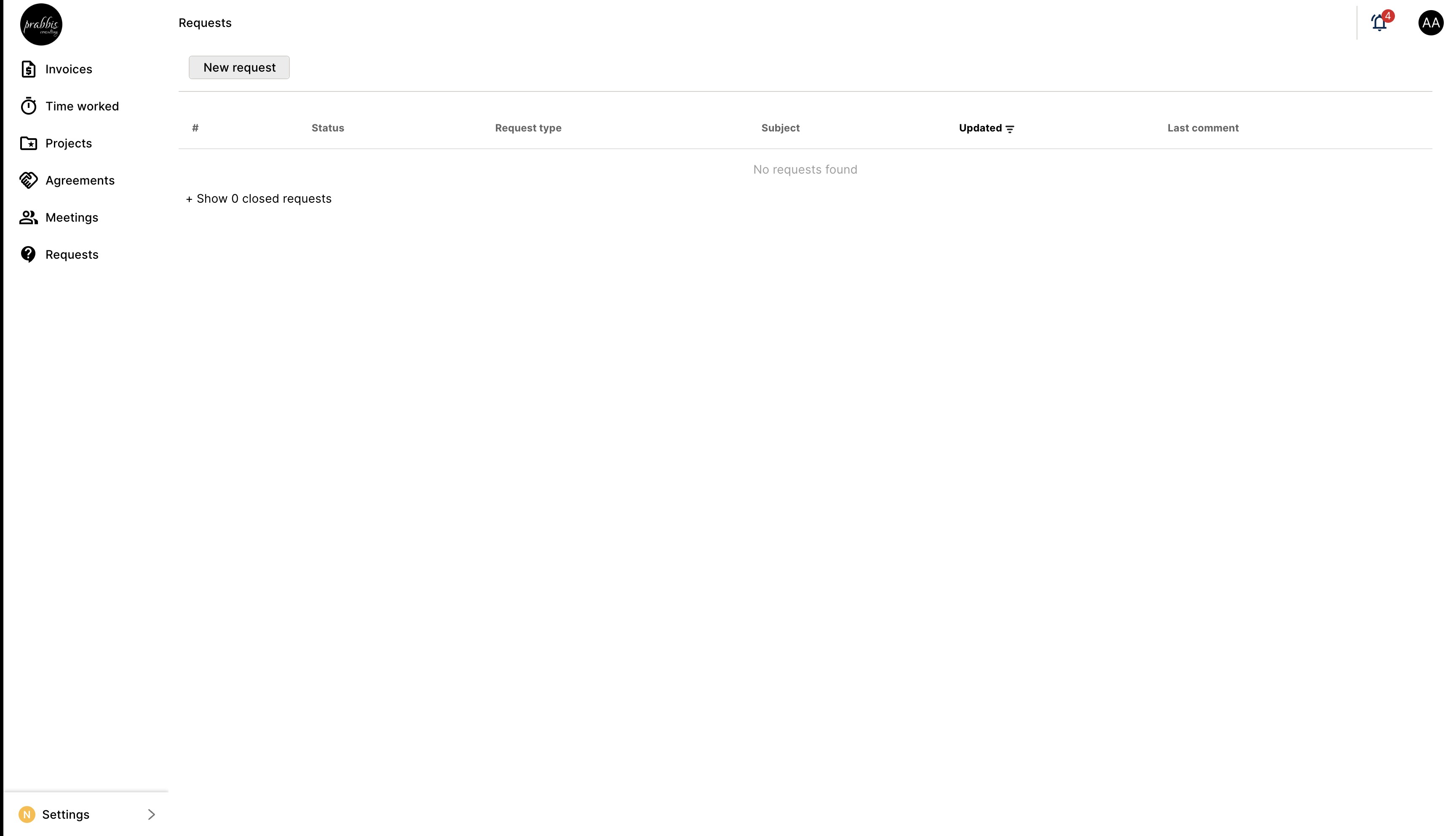 Click on "New request" to submit a request