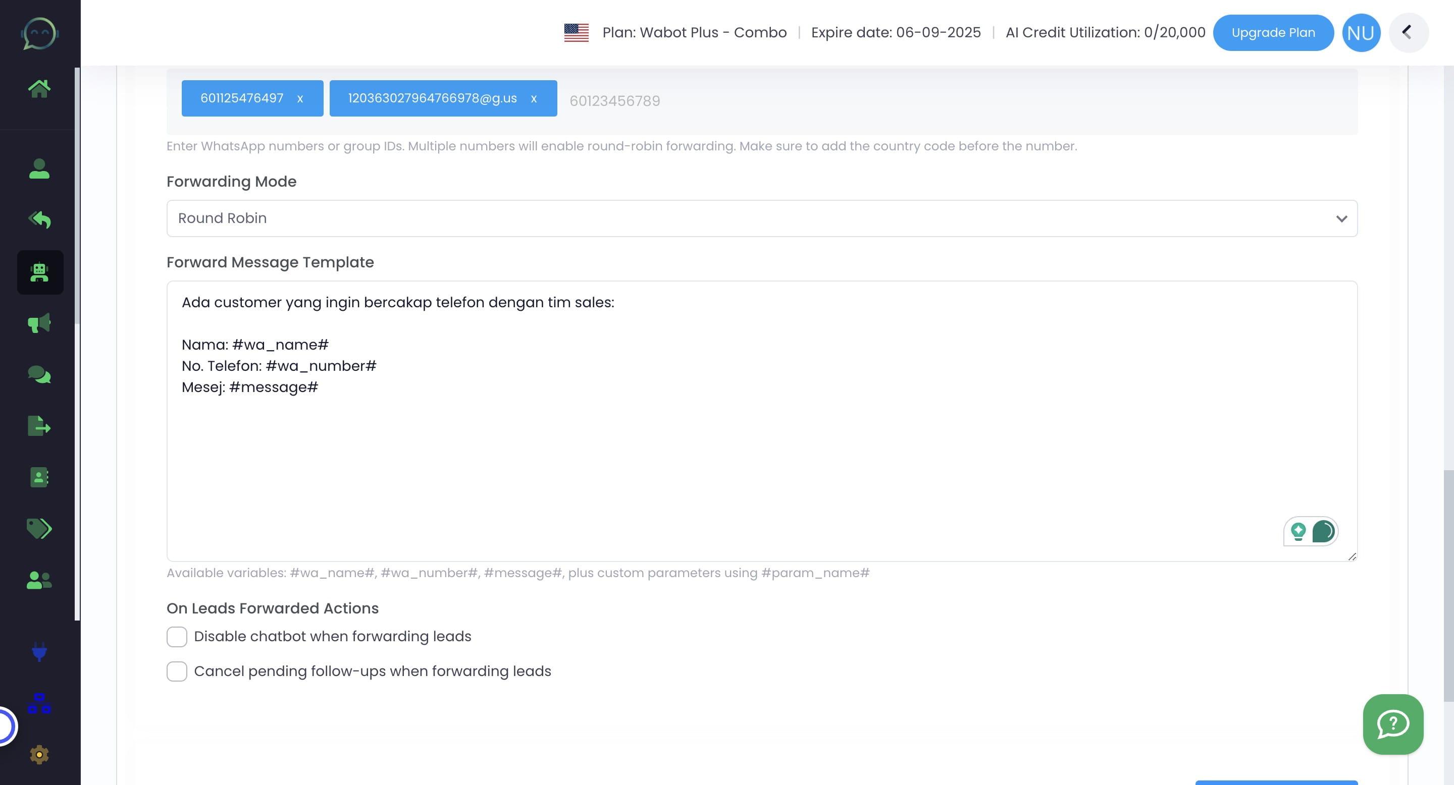 Insert the forwarded messages. You can include the parameter/variables needed