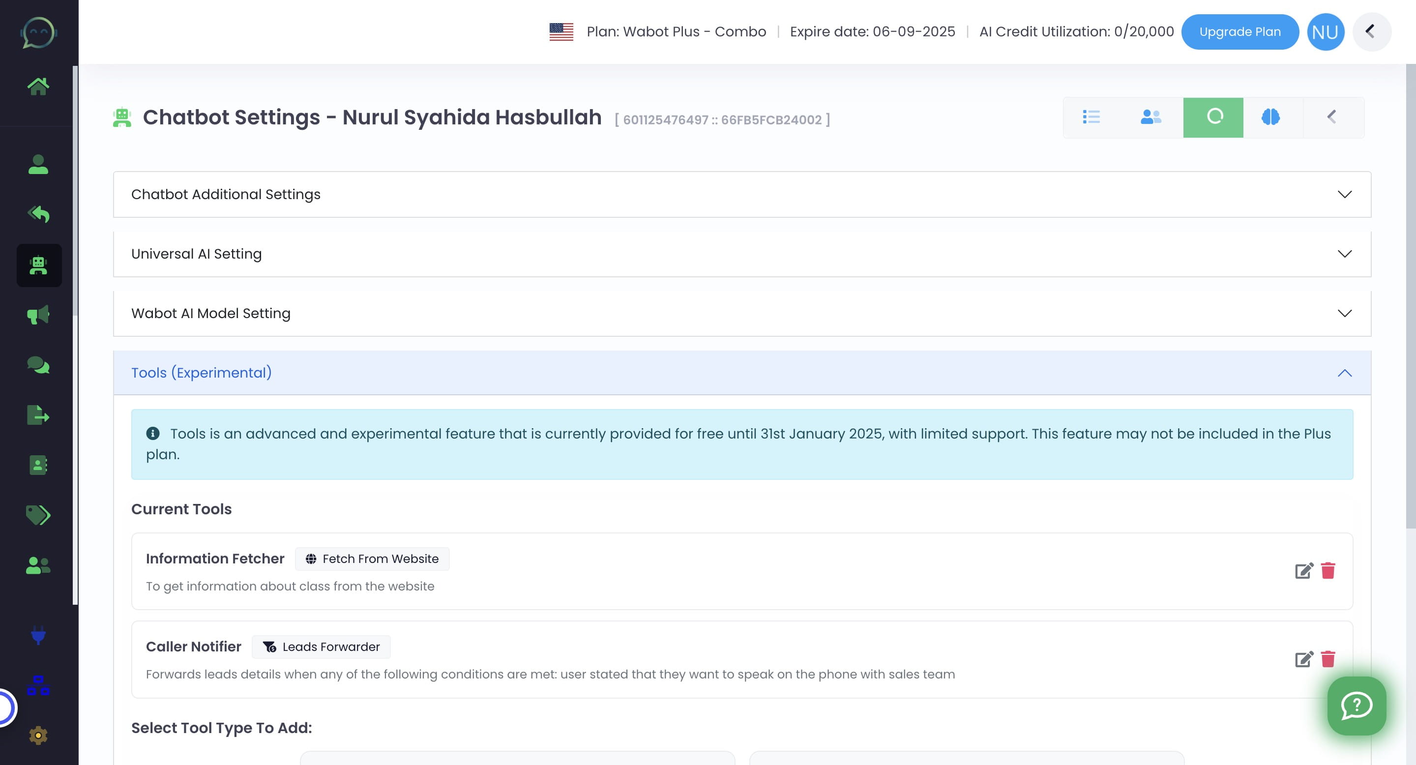 Now time to give the tools an additional prompts so AI can understand when to use the tools. Click on "Wabot AI Model Setting"