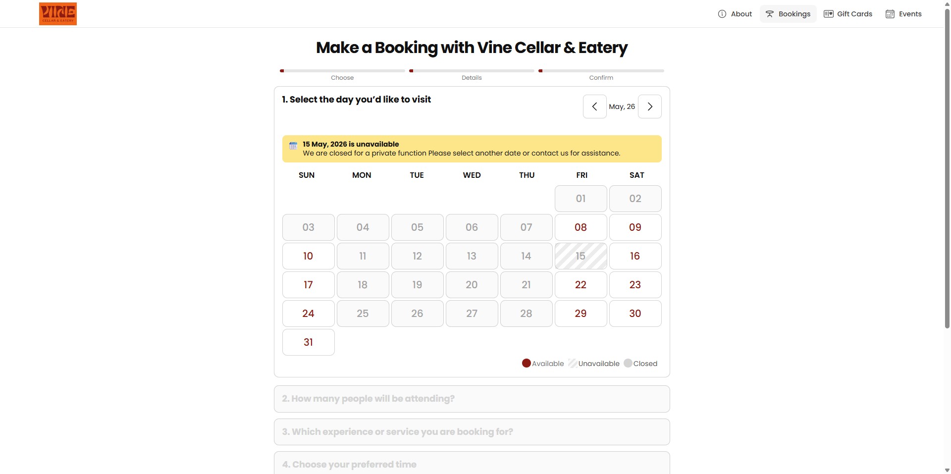 Customers will see that the date is blocked and cannot select or book on that day. If they click the blocked date, your custom message will be displayed.