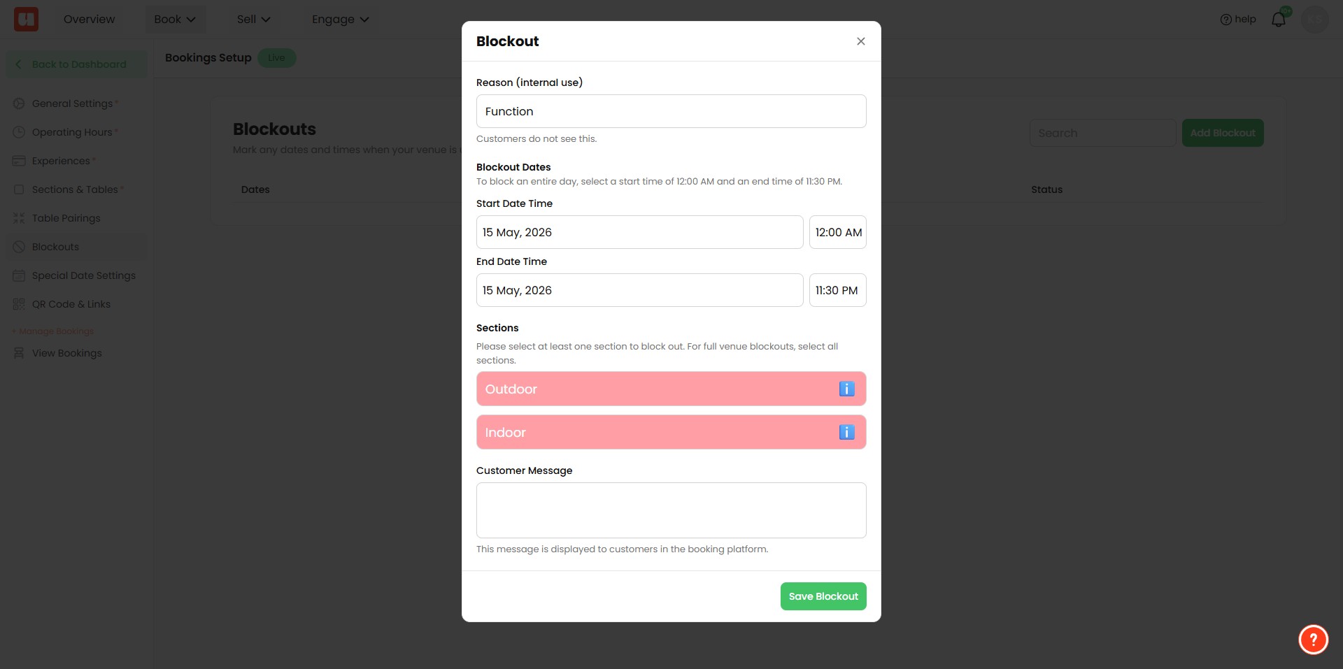 - If your venue has multiple sections, you'll be prompted to select which sections the blockout applies to.
- For a full venue blockout, select **all sections** (at least one section must be selected).