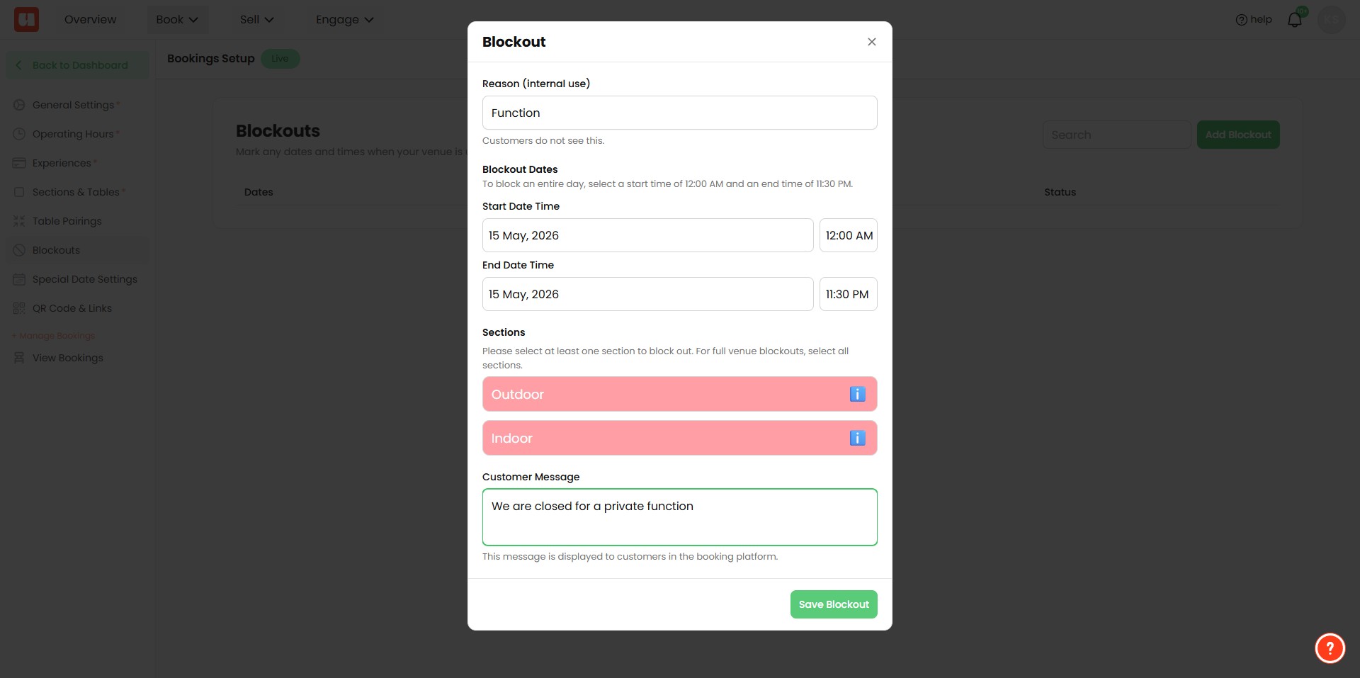 - Enter a message that customers will see if they click on the blockout date during online booking (e.g., "Venue closed for private event").
- This message helps inform customers why the date is unavailable.
- Click **Save** to finalise the blockout.