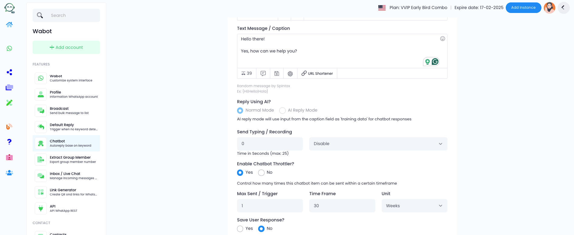 Turn on "Chatbot Throttler" to limit how often the chatbot responds, avoiding repeated messages that seem robotic