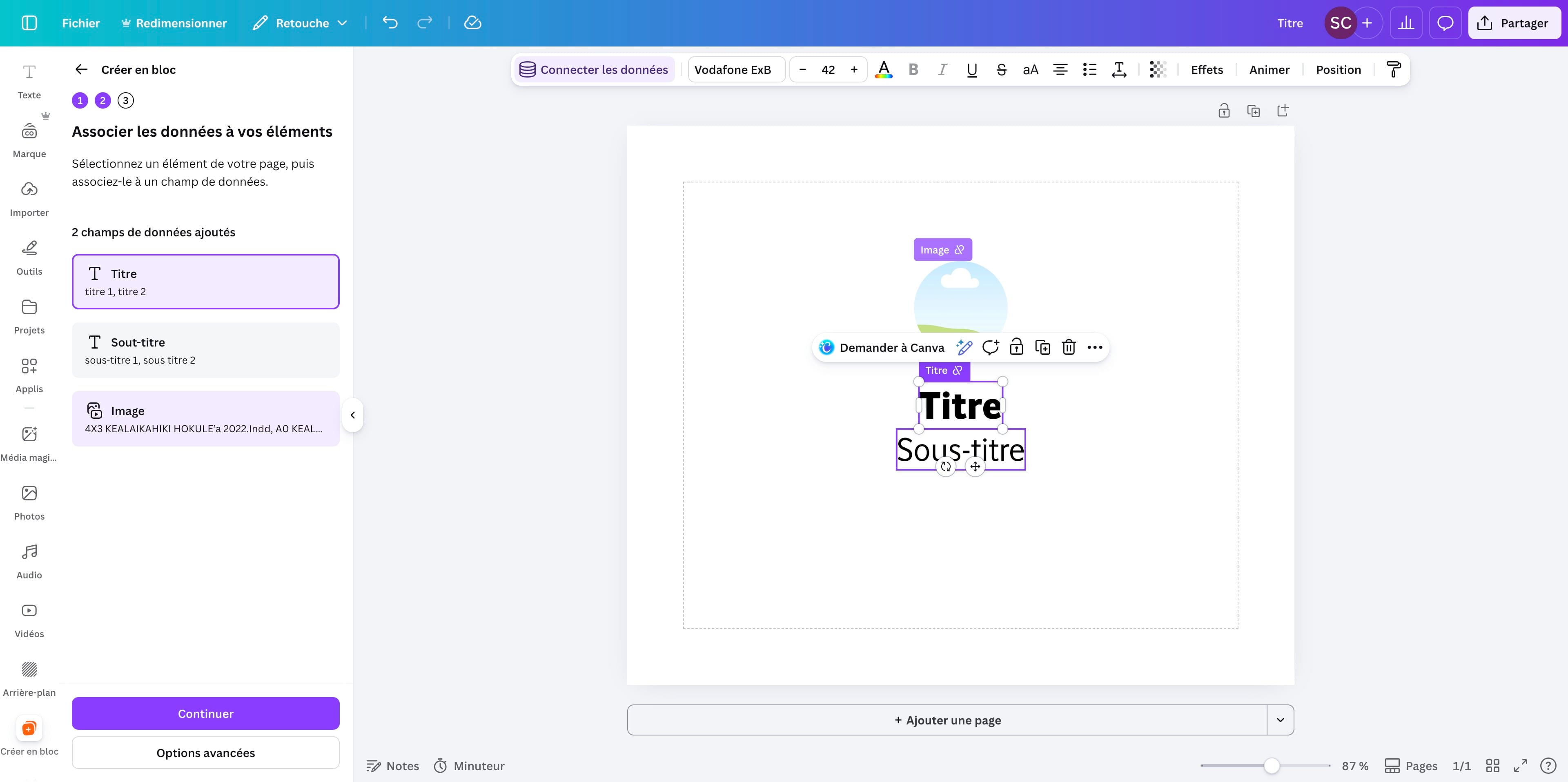 Faire de même pour les autres champs puis une fois tous connectés, cliquer sur *Continuer*