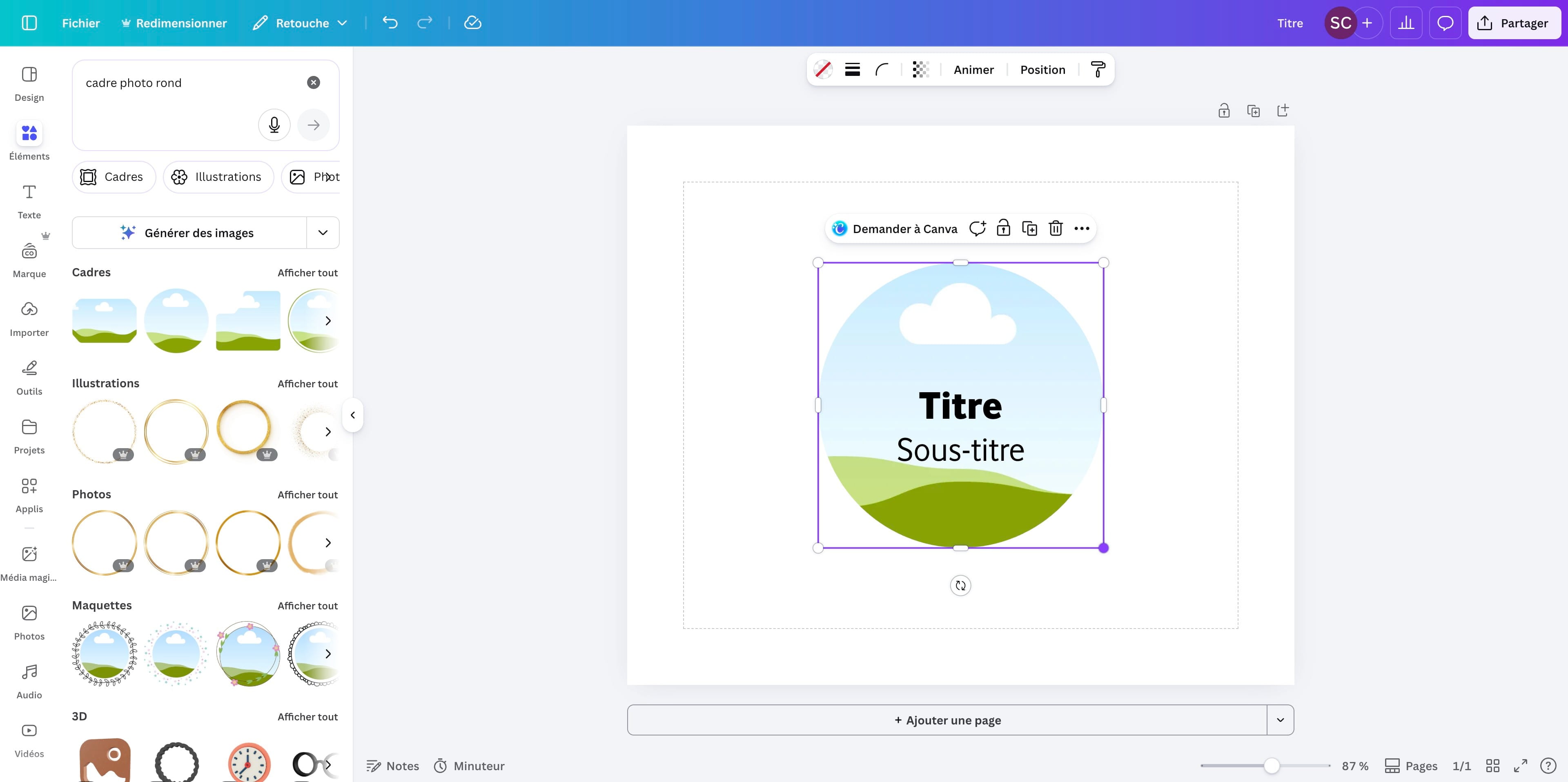 Positionner et dimensionner le cadre dans le canva