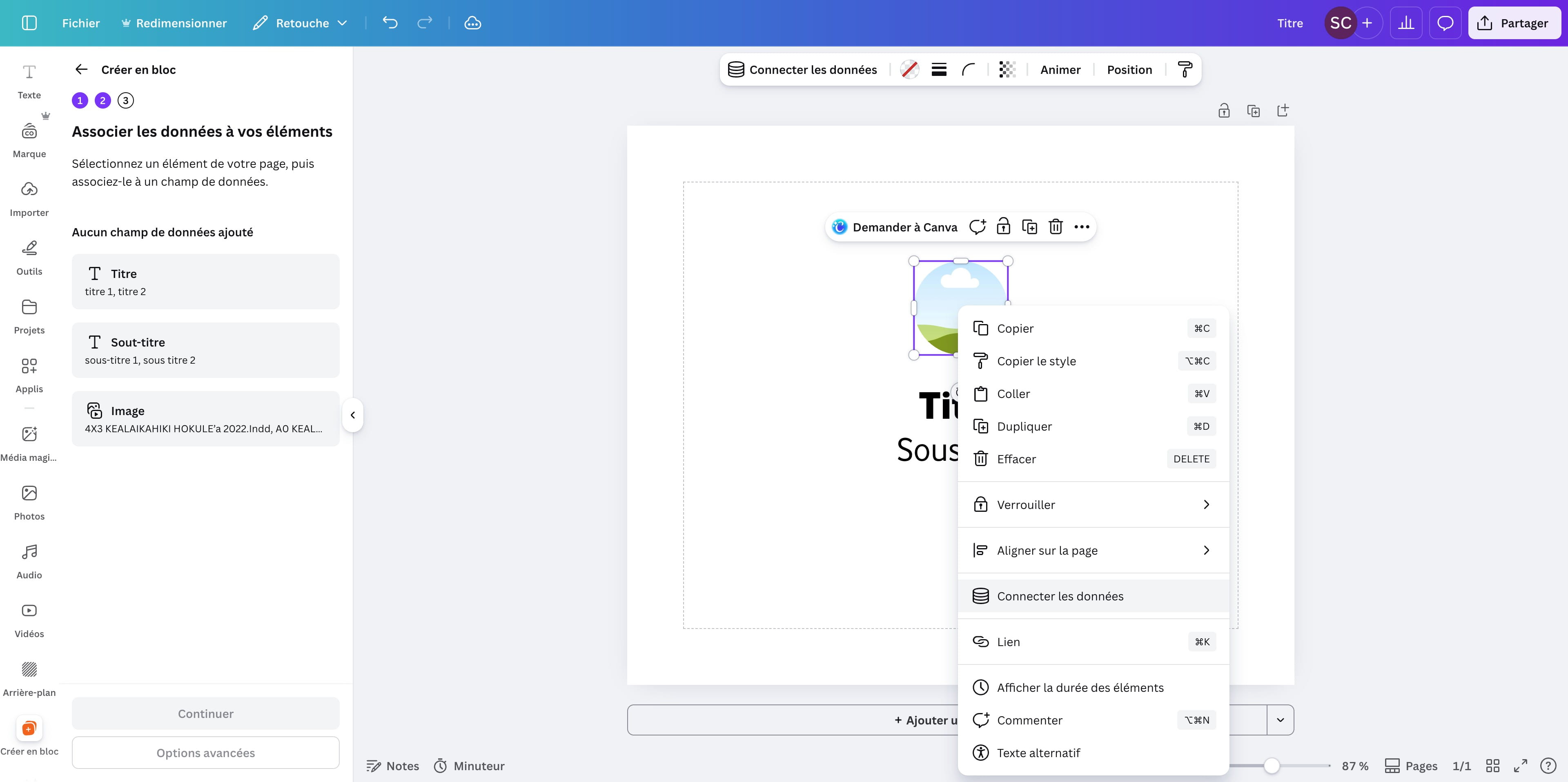 Cliquer droit sur le cadre photo puis connecter les données.