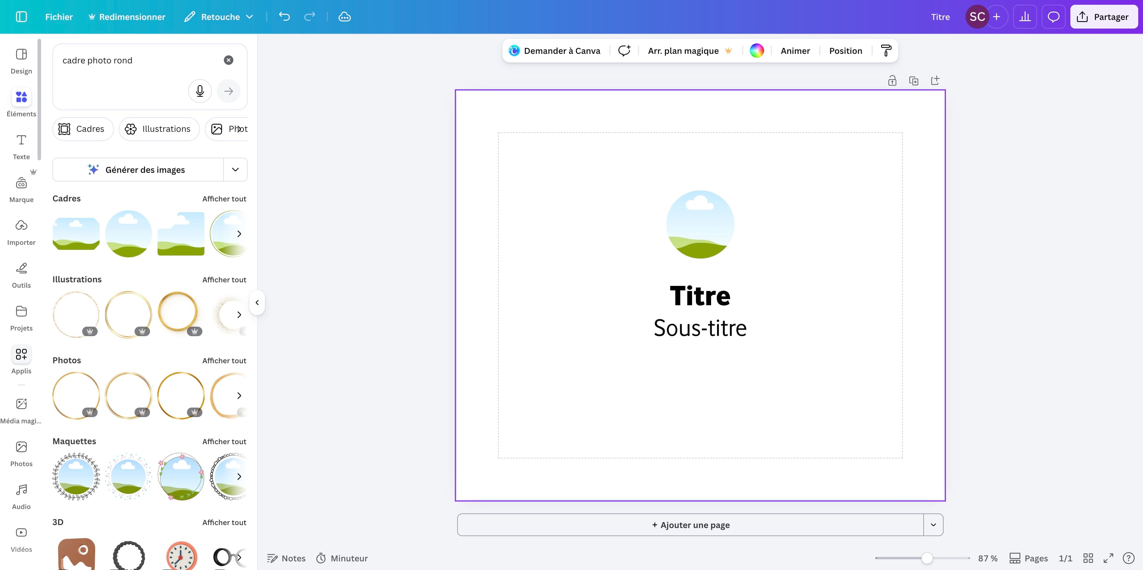 Une fois les champs de texte et le ou les cadres photos ajoutés, se rendre dans *Applis* 