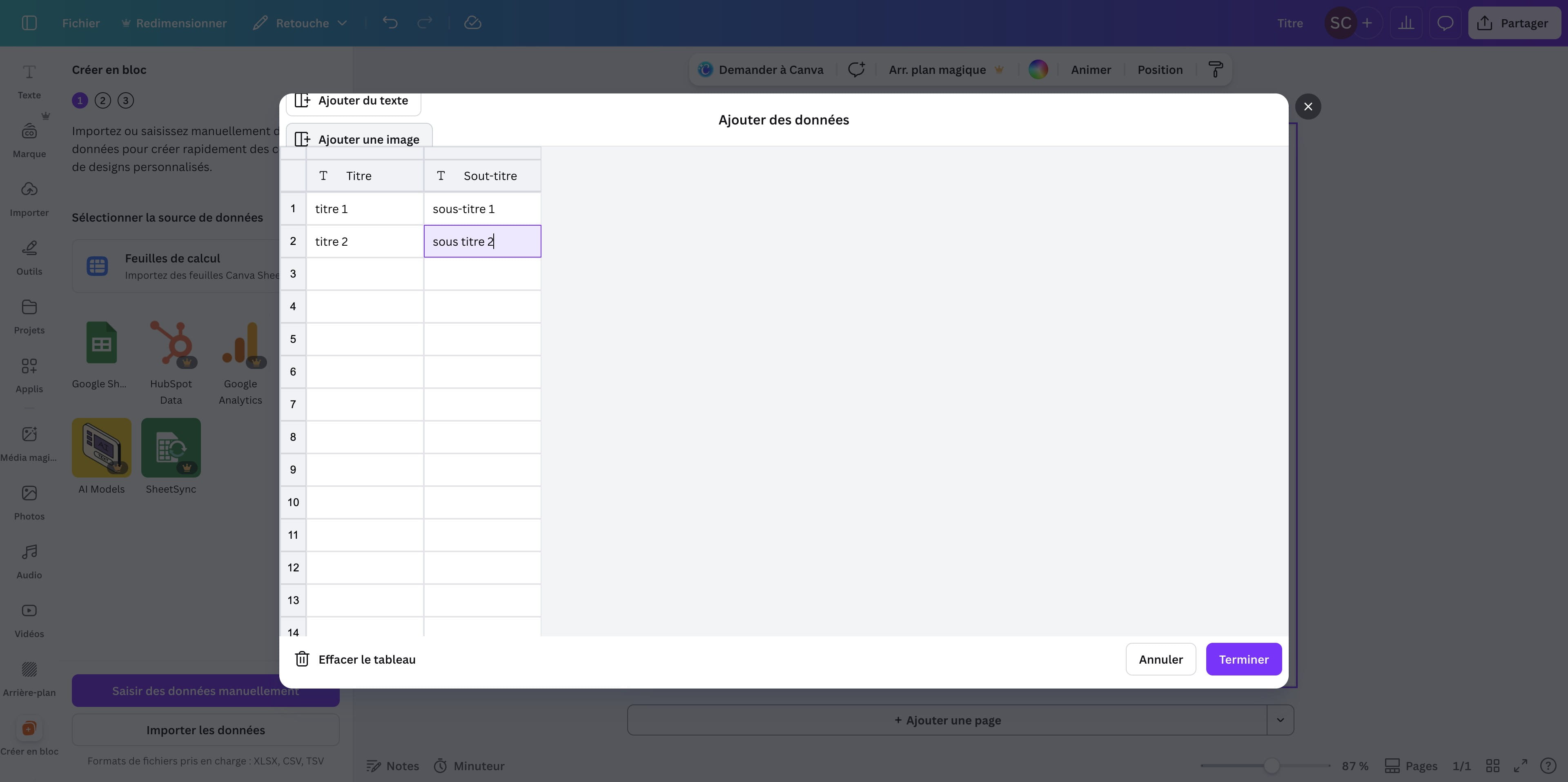 Cliquer sur "Ajouter une image" pour rajouter une colonne qui sera connectée au cadre photo
