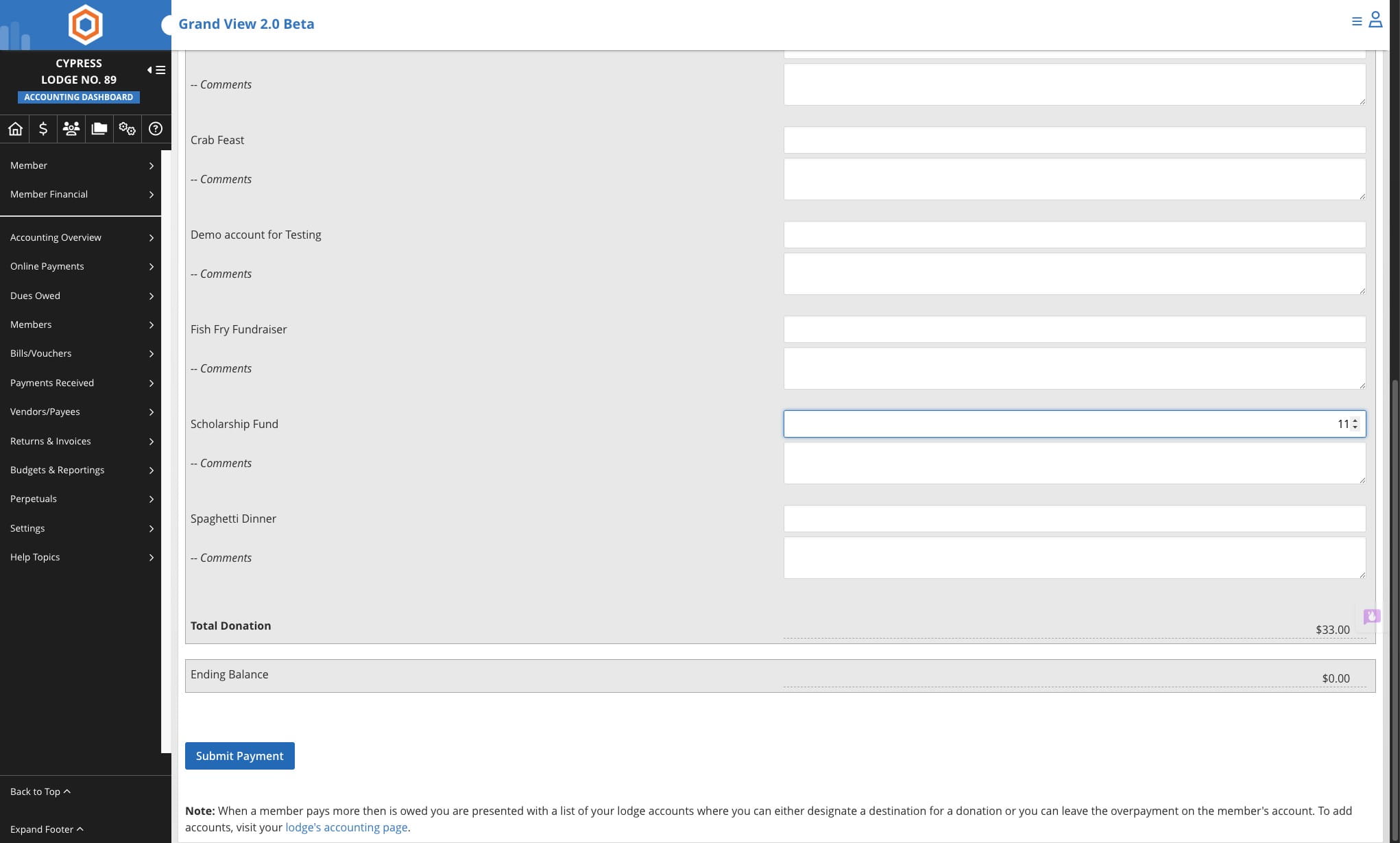 Once allocations have been made click on "Submit Payment"