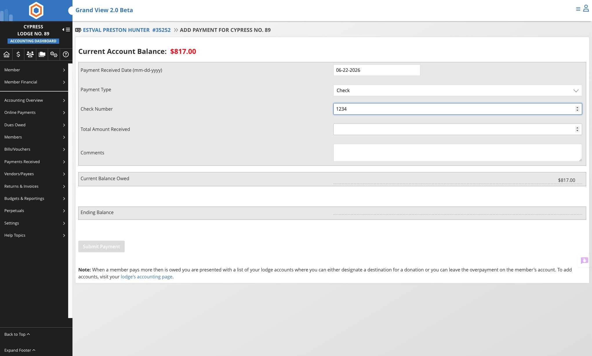 Enter the amount received from member