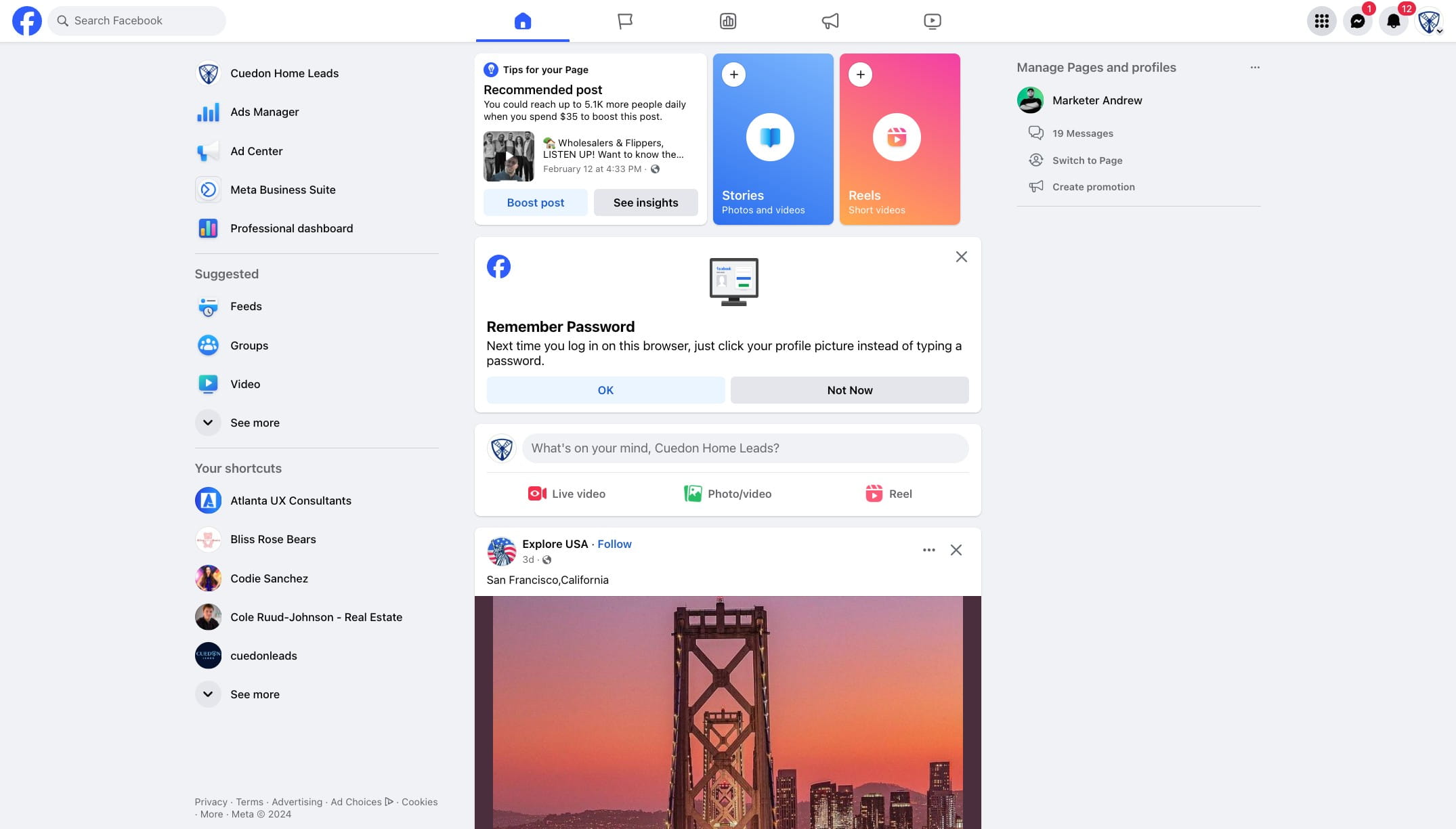 ## Click the 9 Dots in the Top-Right Corner
This will open a dropdown menu where you will then access your Facebook Page.