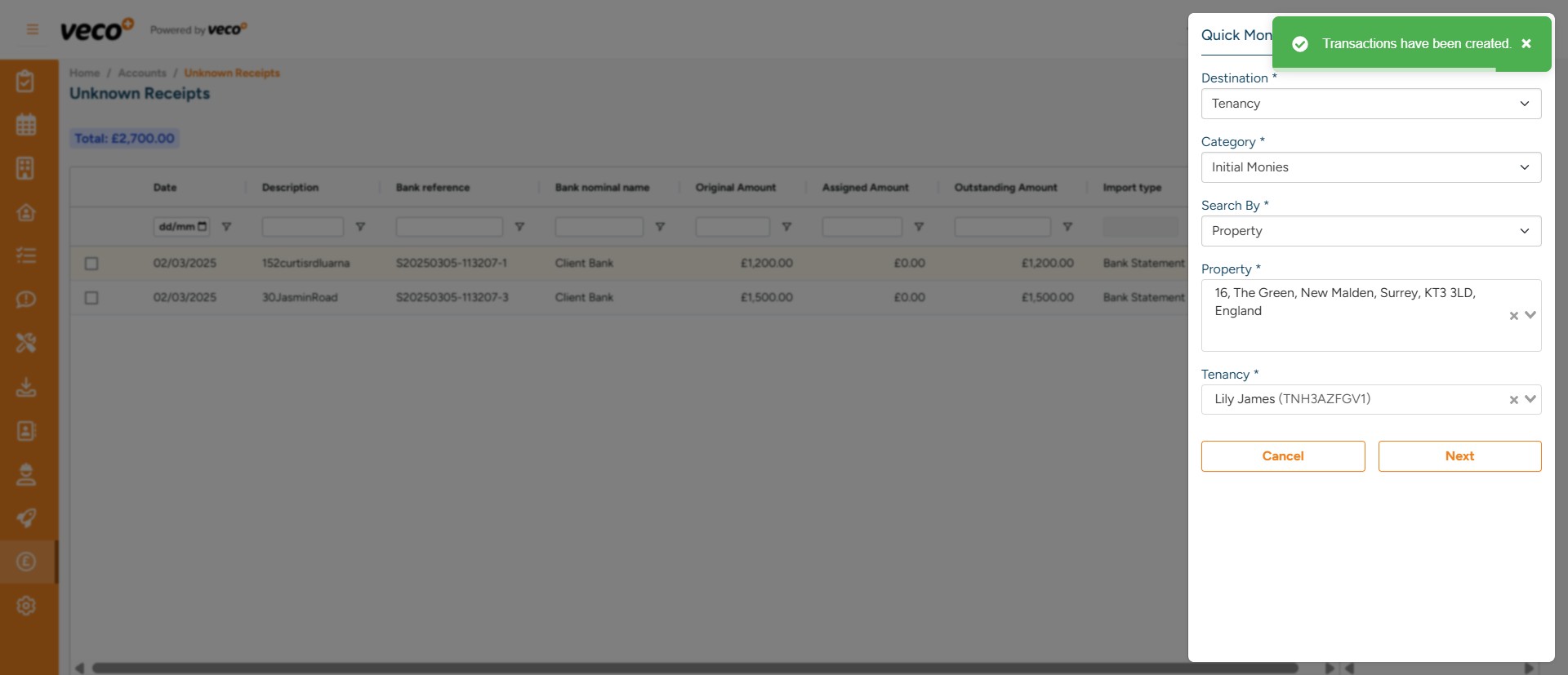 A notification will appear to state 'Transactions have been created'