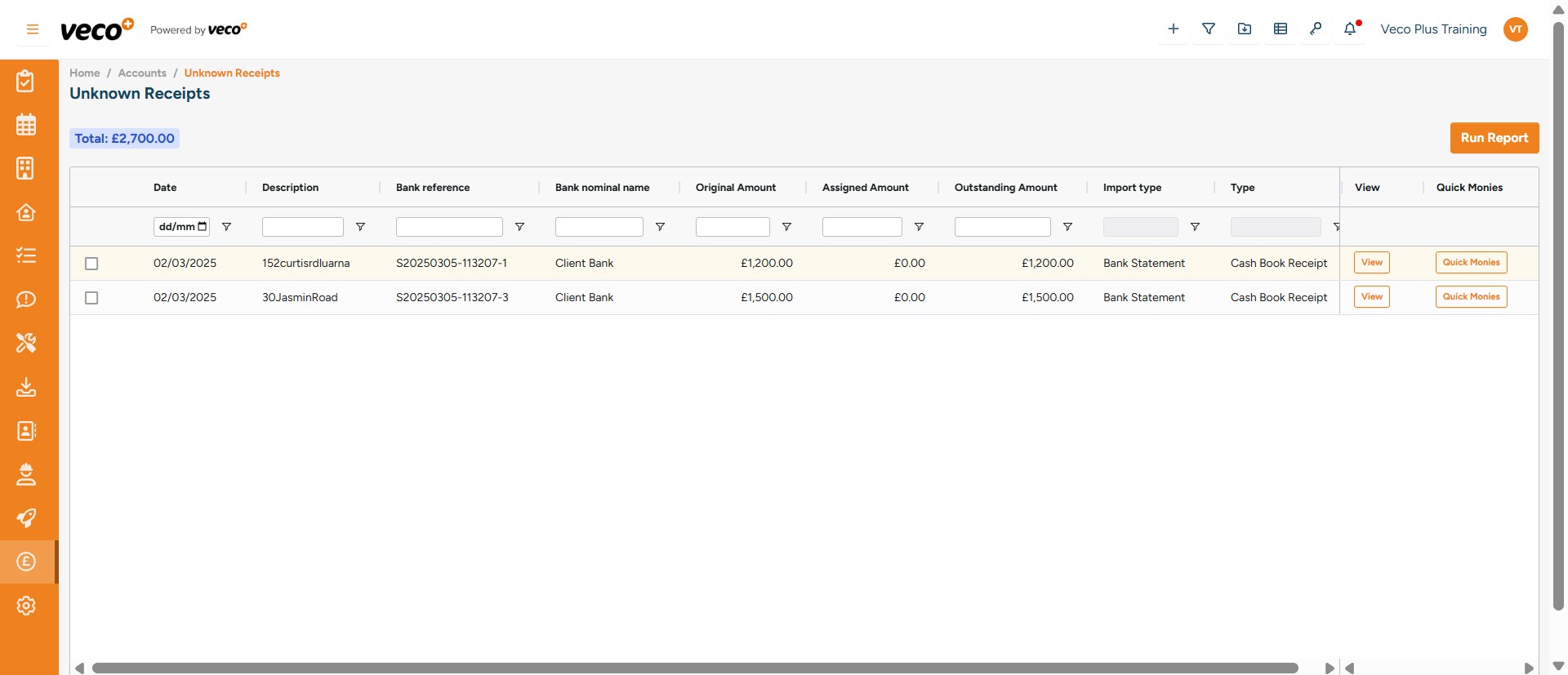 This will then be posted as a transaction and no longer show on the 'Uknown Receipts' list