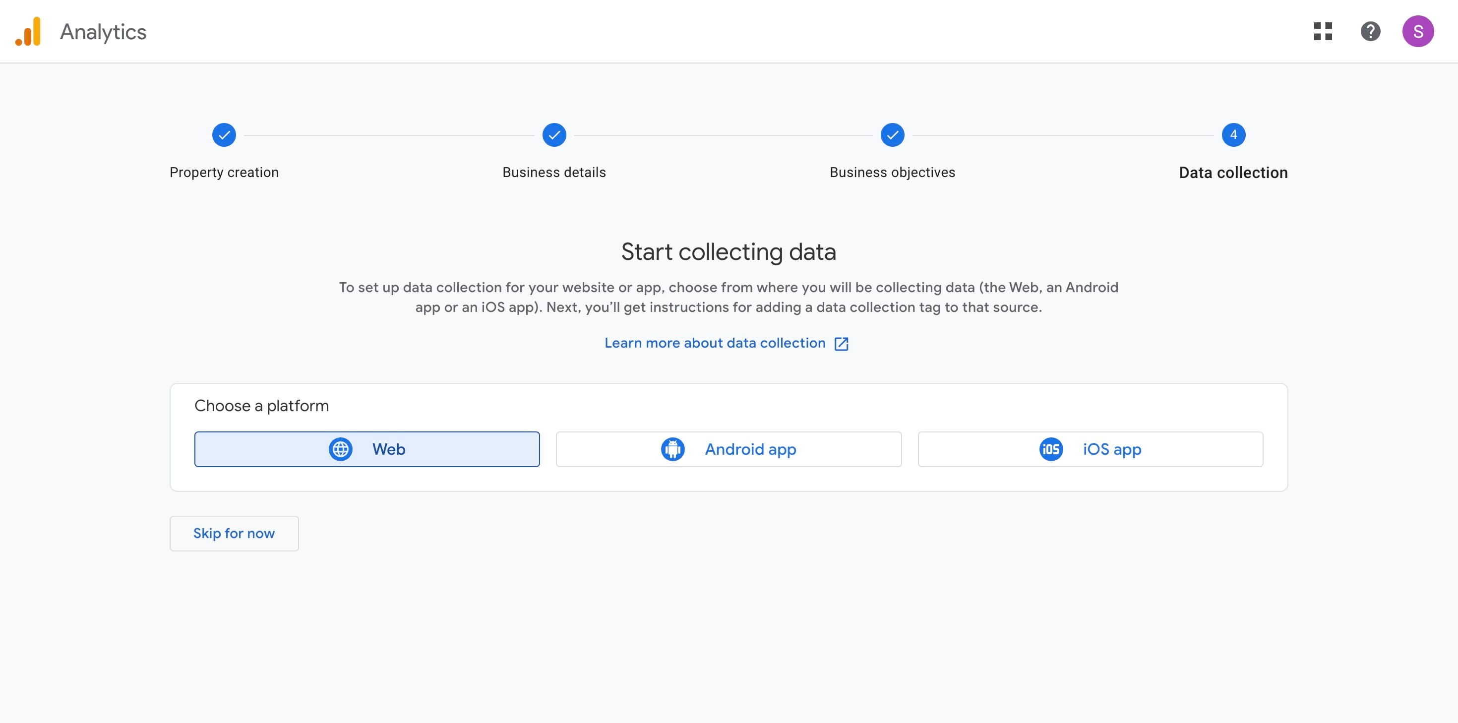 Choose a data collection platform. For this example, select "Website."