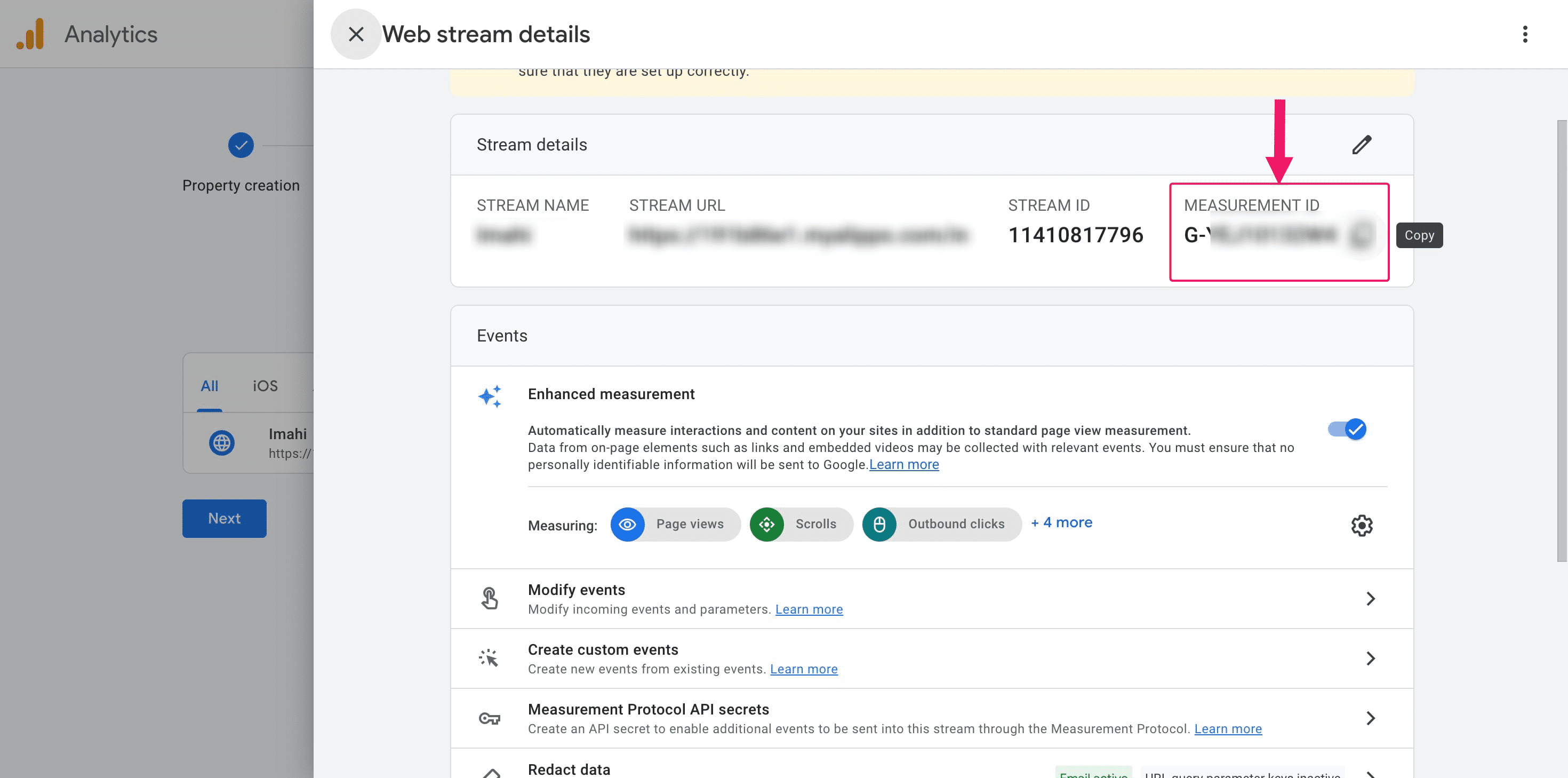 Under “Stream Details,” locate the “**Measurement ID**” starting with “G-” (e.g., G-XXXXXXXXXX).