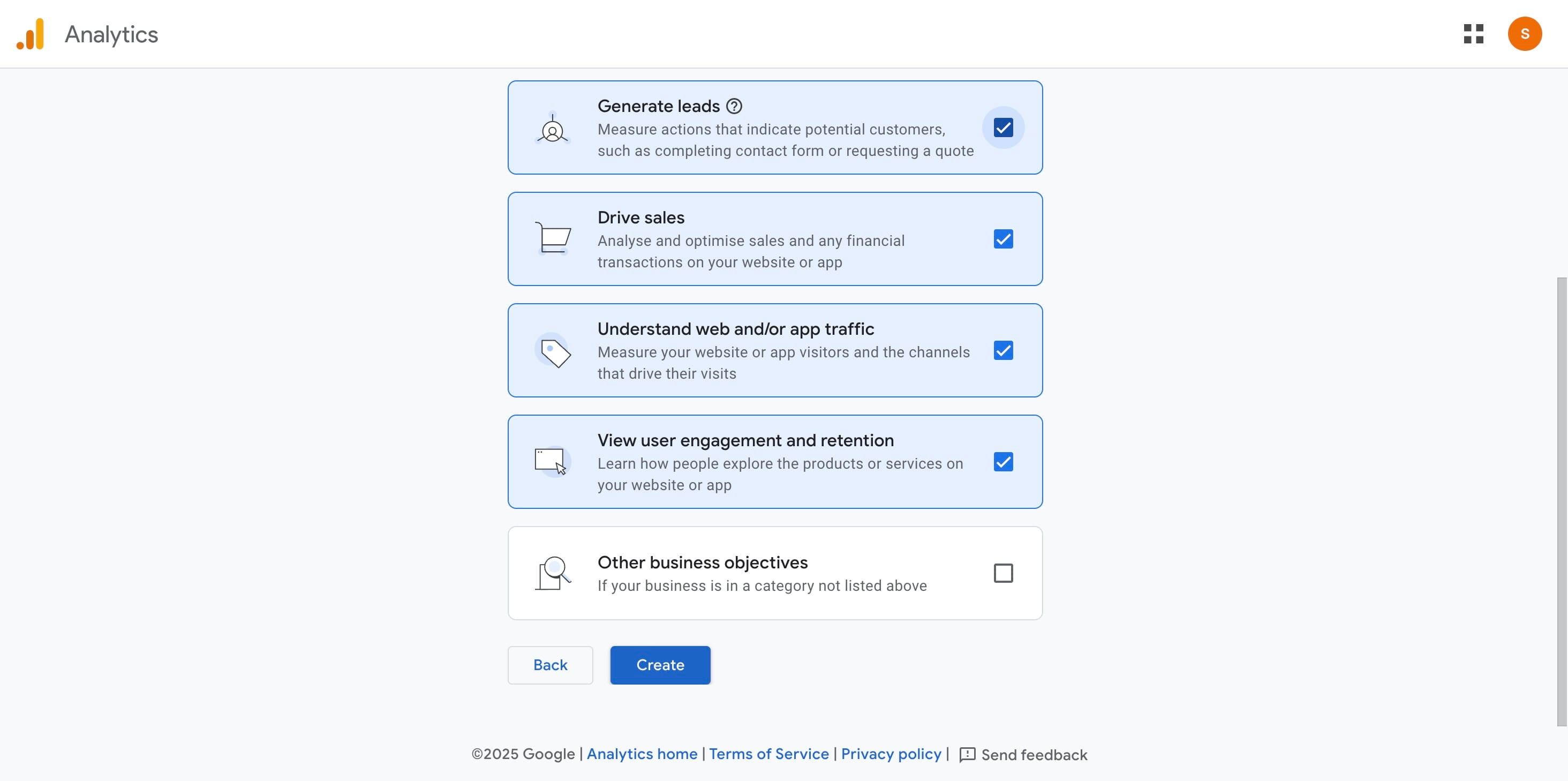 Select how you intend to use **Google Analytics**.